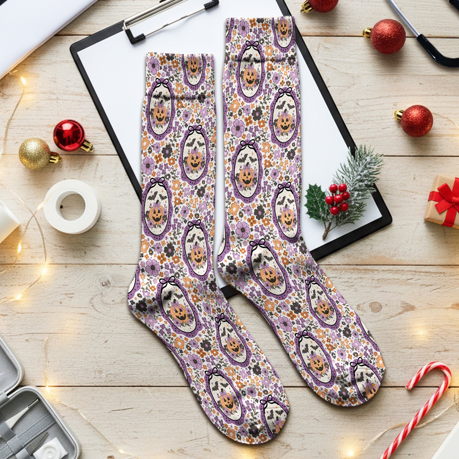 Halloween Pumpkin with Floral Print Socks, Adult Socks for Men and Women
