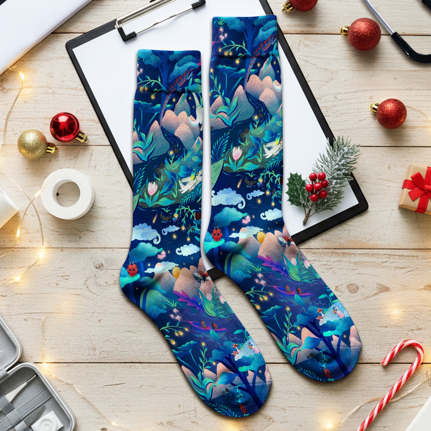 Whimsical Mountain Bug Print Socks, Adult Socks for Men and Women