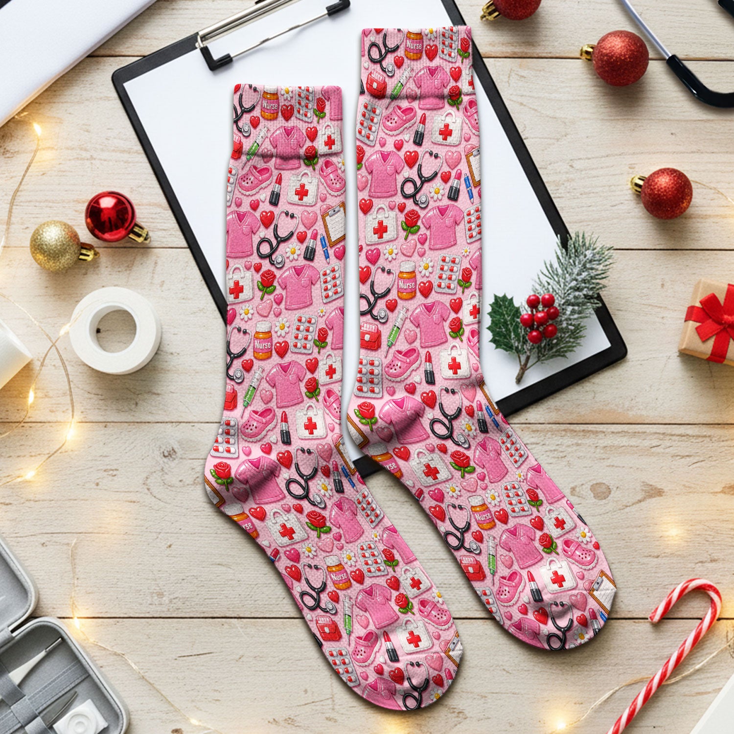 Medical Icons Scrub Socks, Cute Pattern Nurse Sock, Breathable Fabrics Nursing Uniform
