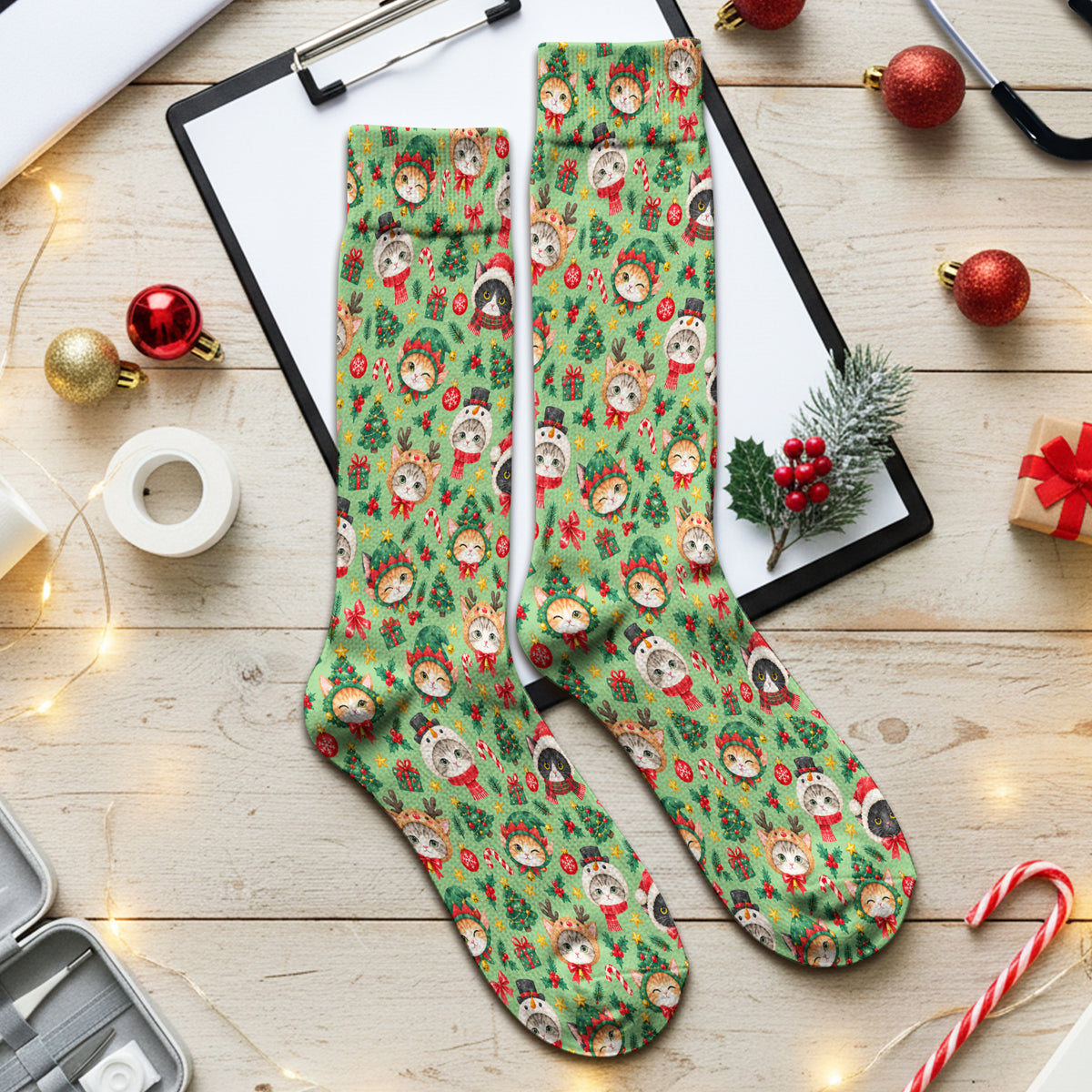 Christmas Cats And Trees Pattern Scrub Socks, Kawaii Medical Pattern Sock, Breathable Fabrics Nursing Uniform