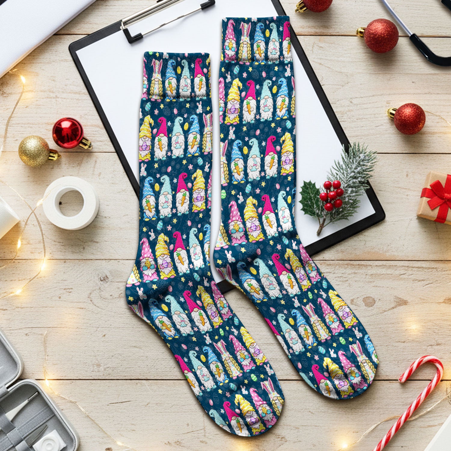 Colorful Easter Gnome Bunny Eggs Pattern Socks, Socks for Nurse Doctor