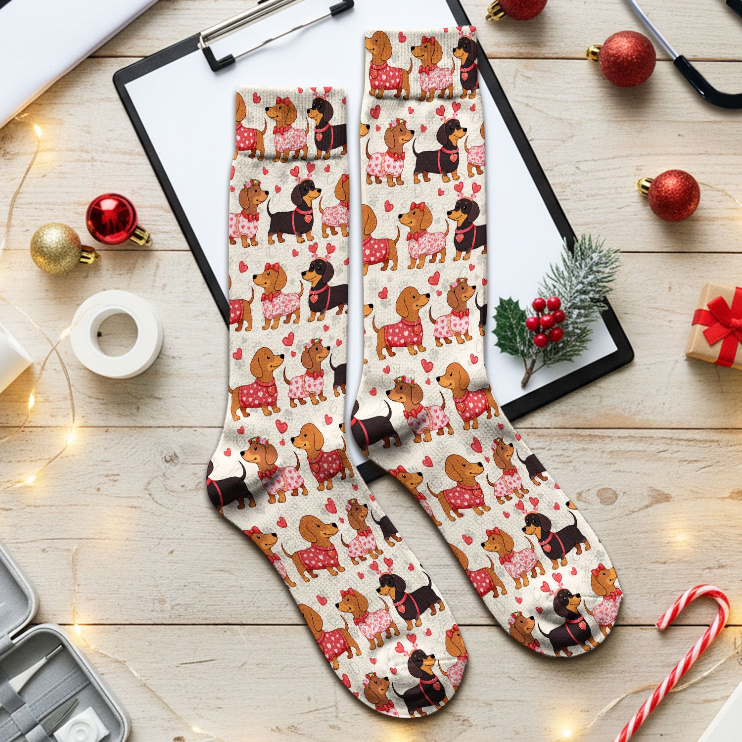 Valentine Dachshund Scrub Socks, Wiener Dog Love Pattern Nurse Sock, Breathable Fabrics Nursing Uniform