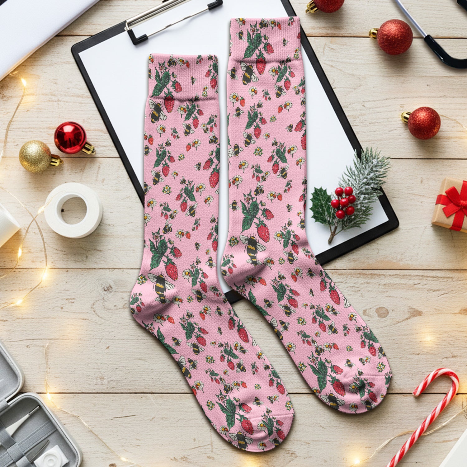 Cute Strawberry Bee Daisy Floral Pattern Scrub Socks, Socks for Nurse Doctor
