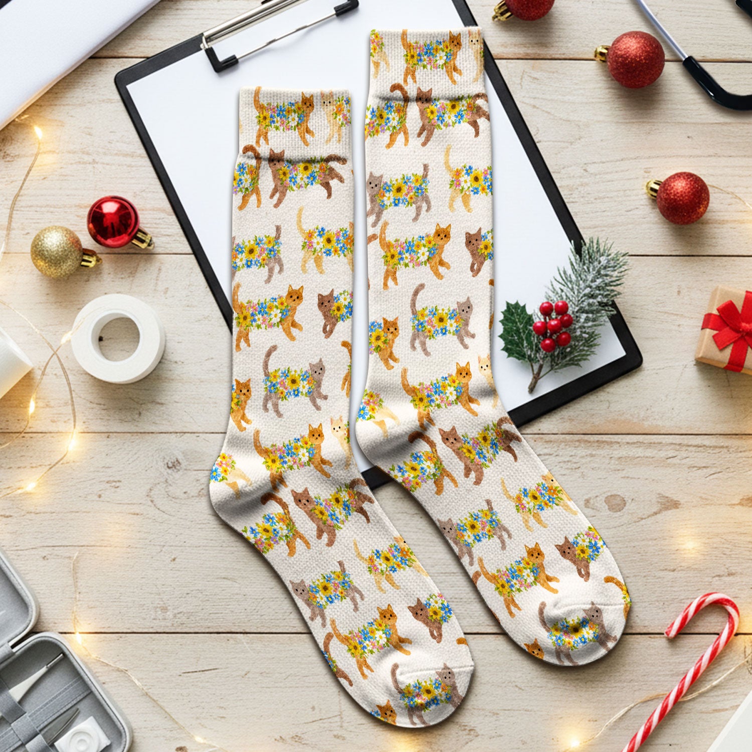 Cute Flower Filled Cat Pattern Socks, Socks for Nurse Doctor