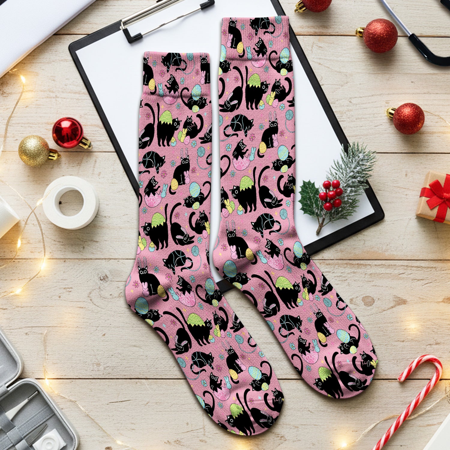 Funny Easter Black Cat Egg Pattern Print Socks, Adult Socks for Men and Women
