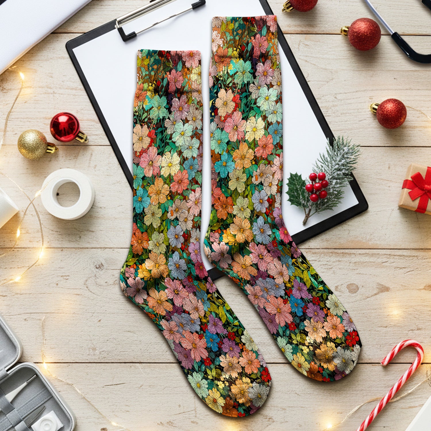 Colorful Wildflower Garden Bloom Pattern Socks, Adult Socks for Men and Women