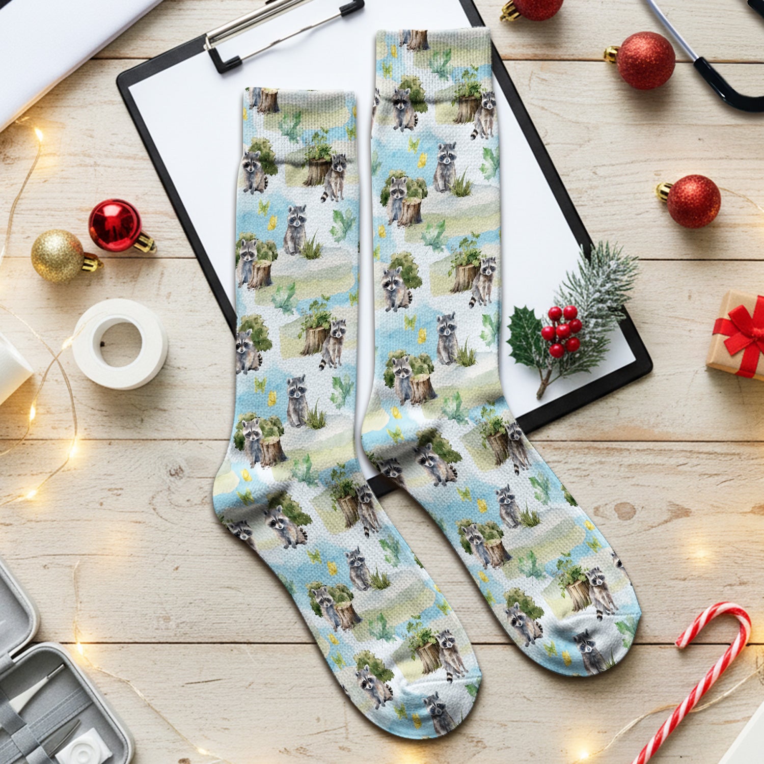 Cute Raccoon Woodland Print Socks, Adult Socks for Men and Women