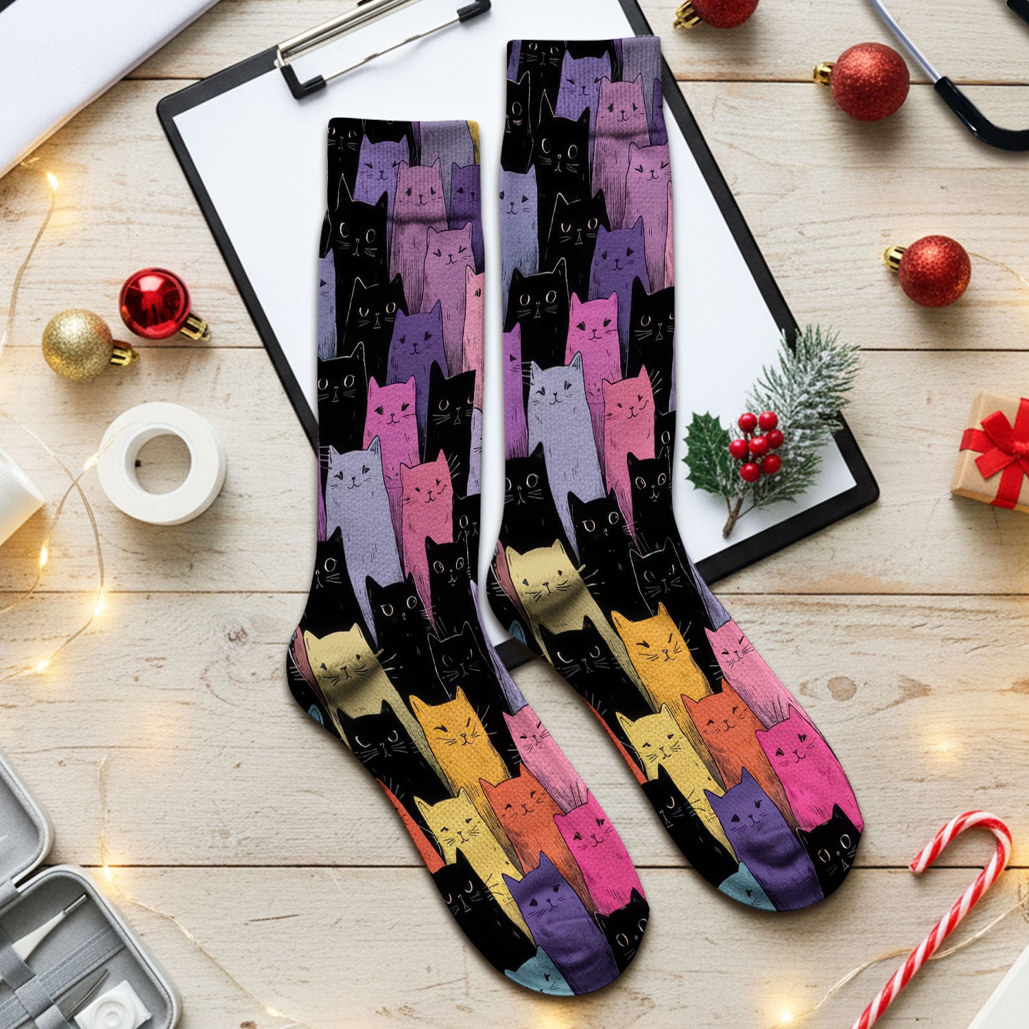 Colorful Cat Art Medical Pattern Socks, Adult Socks for Men and Women