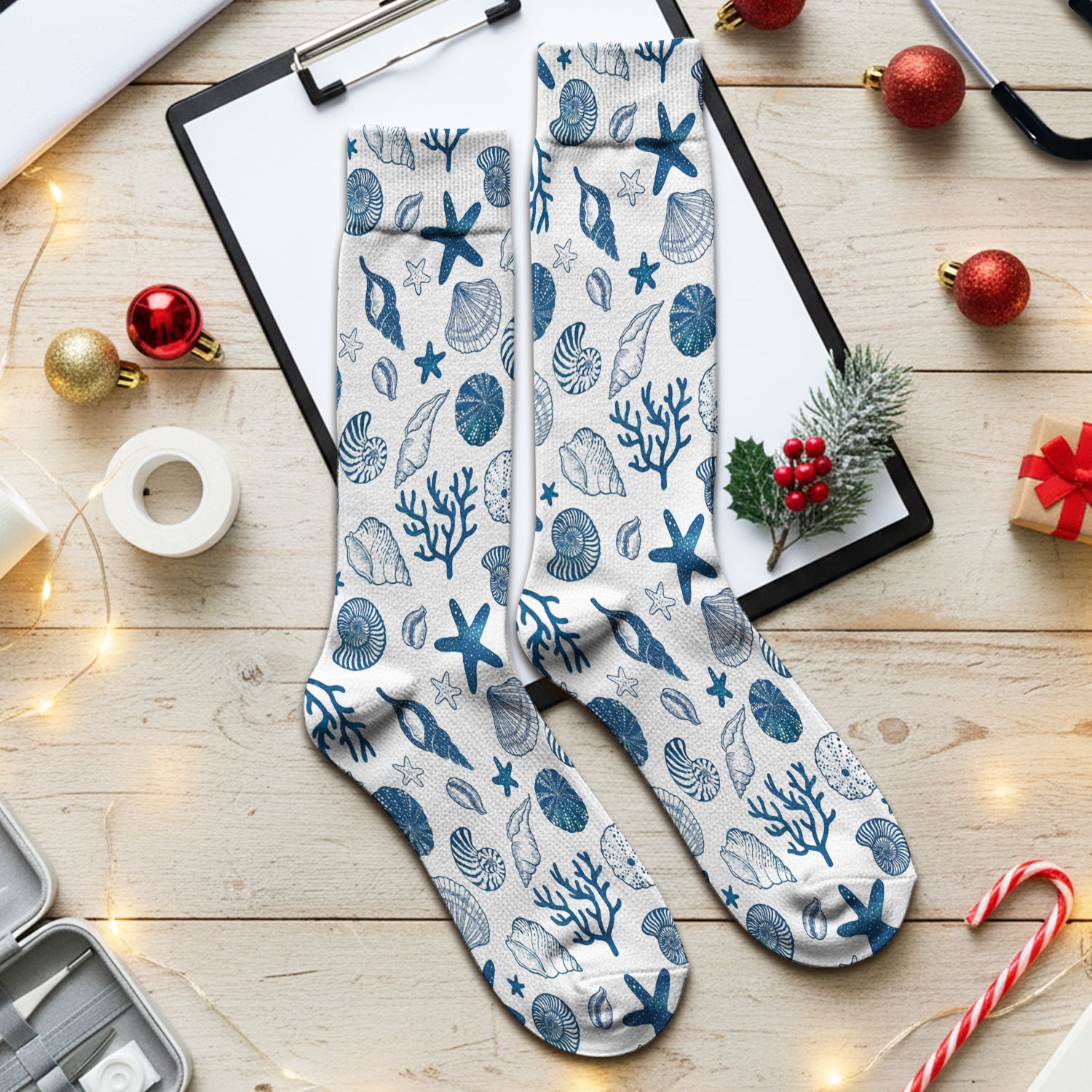 Cute Ocean Shell Starfish Pattern Socks, Adult Socks for Men and Women