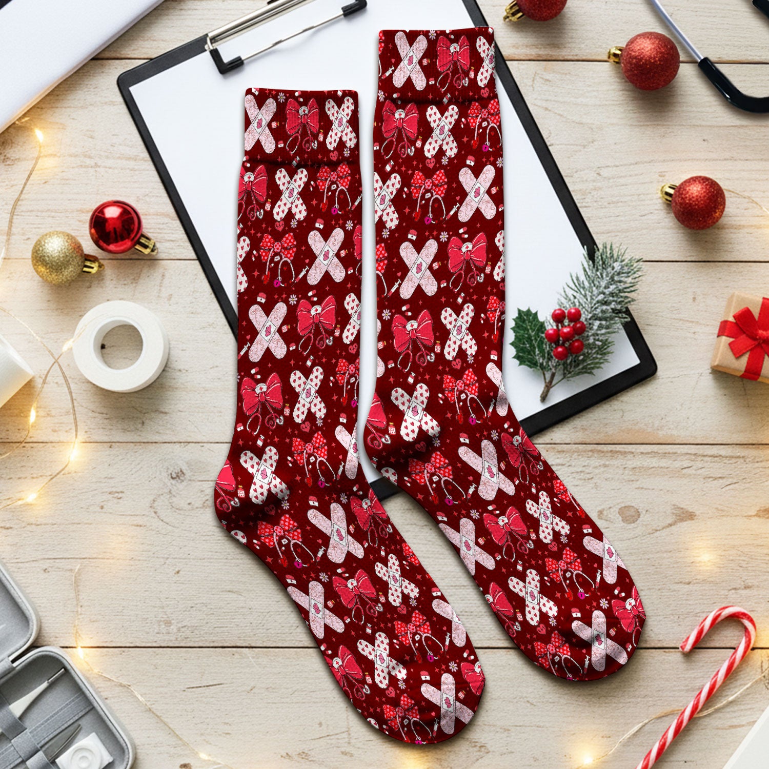 Valentine Nurse Scrub Socks, Red Bow And Heart Bandage Pattern Medical Sock, Breathable Fabrics Nursing Uniform