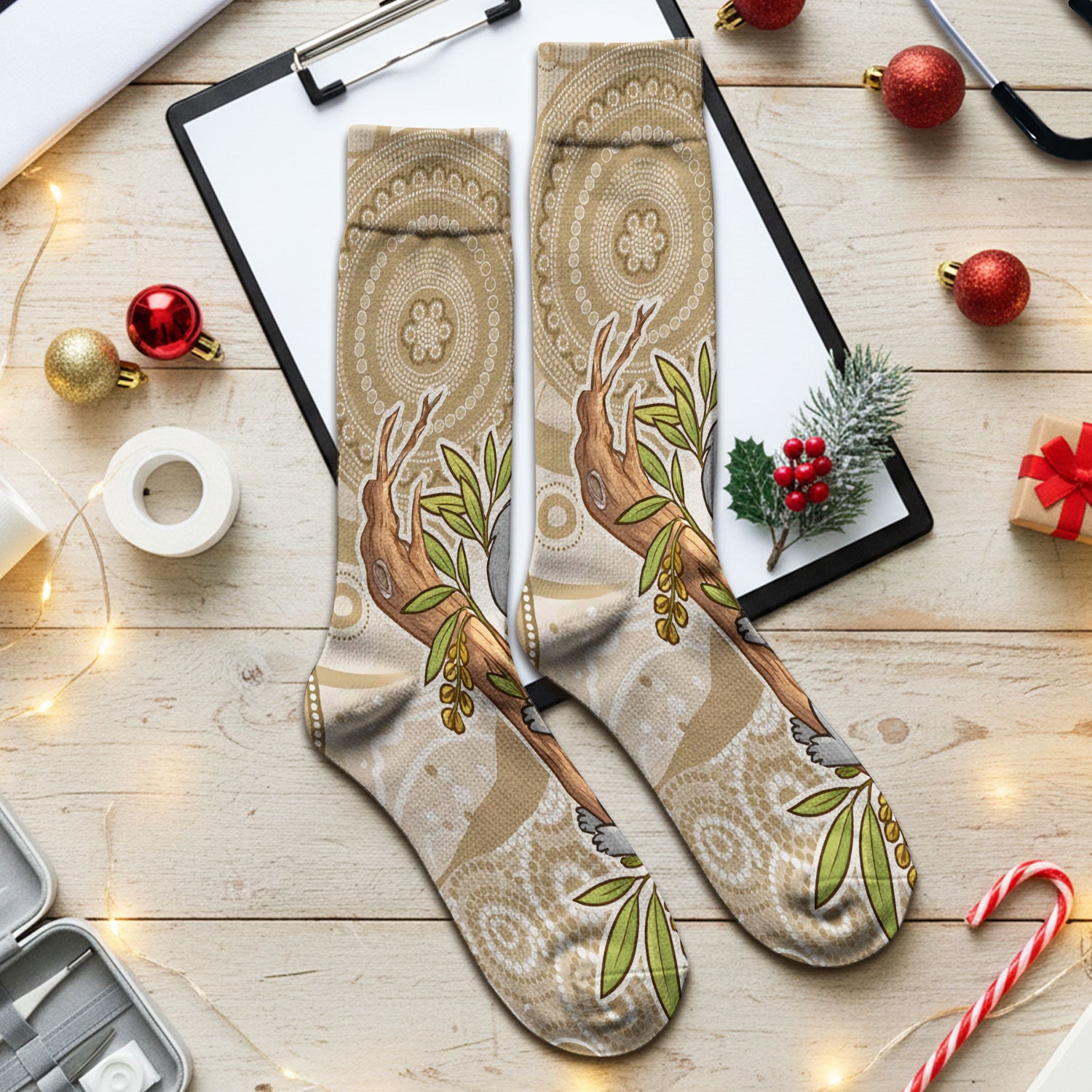 Australian Indigenous Inspired Dot Art Scrub Socks, Cute Koala Pattern Nurse Sock, Comfortable Scrubs For Nursing