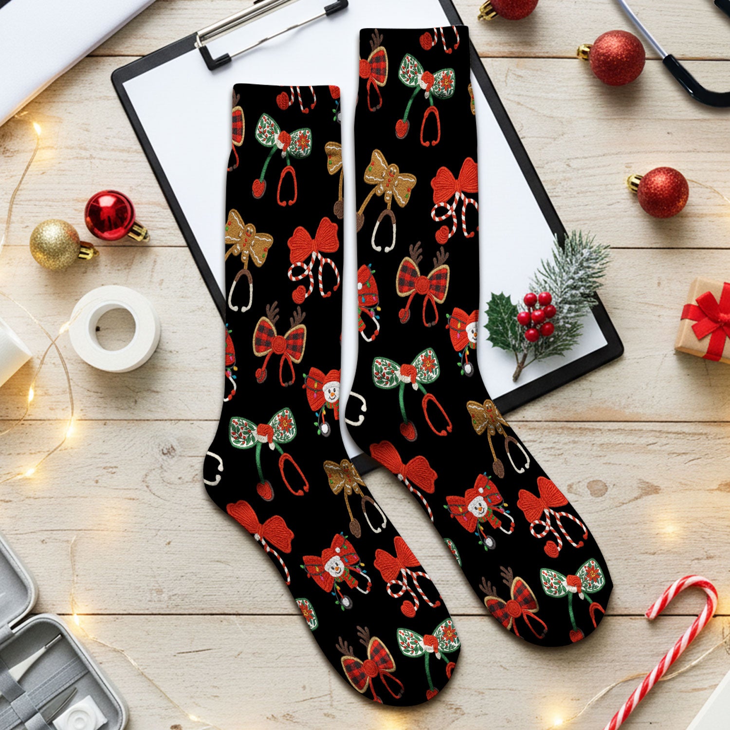 Christmas Stethoscope Bow Nurse Scrub Socks, Xmas Pattern Scrub Sock, Holiday Nursing Uniform
