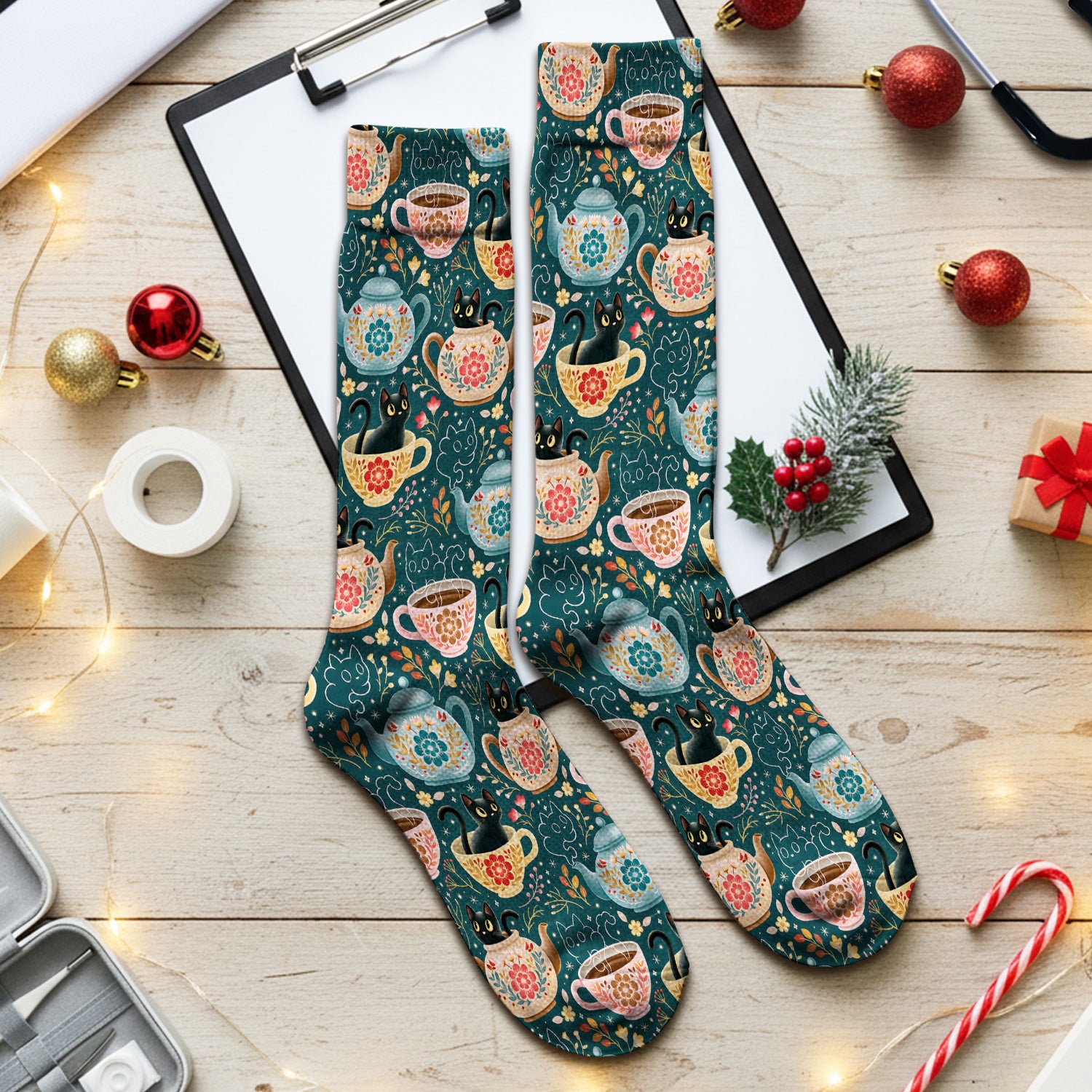 Black Cat Tea Party Veterinary Pattern Socks, Adult Socks for Men and Women