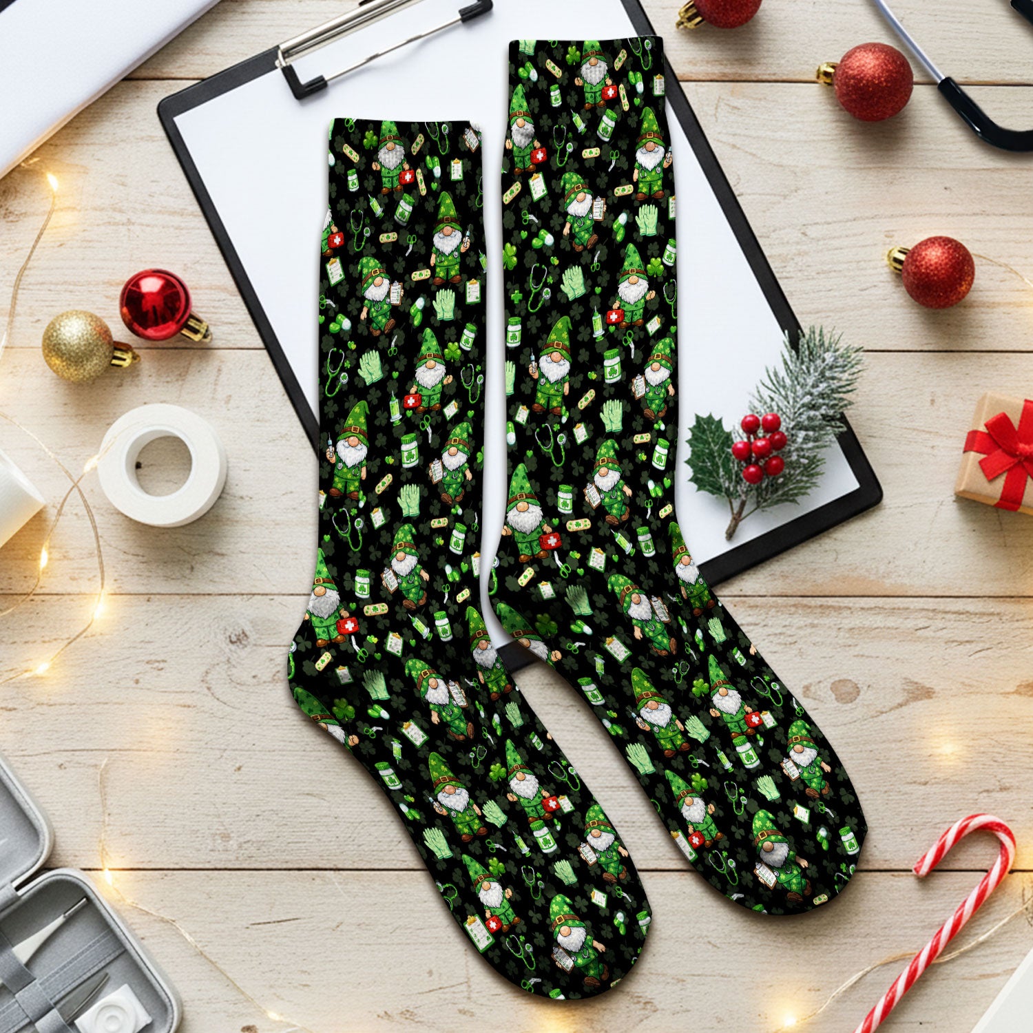 St. Patrick’s Day Nurse Gnome Scrub Socks, Green Lucky Medical Pattern Nurse Sock, Breathable Fabrics Nursing Uniform
