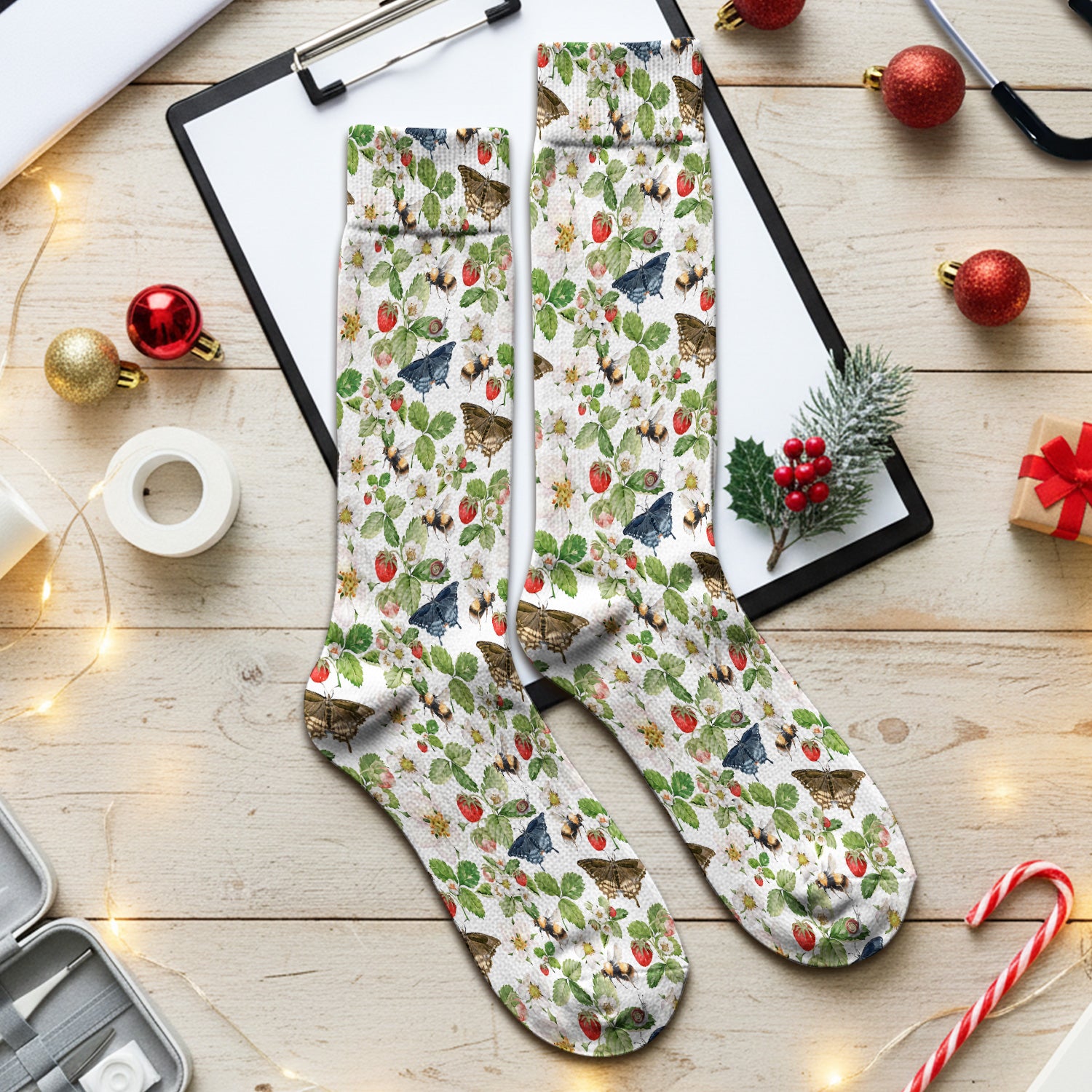 Charming Strawberry Butterfly Garden Pattern Socks, Adult Socks for Men and Women