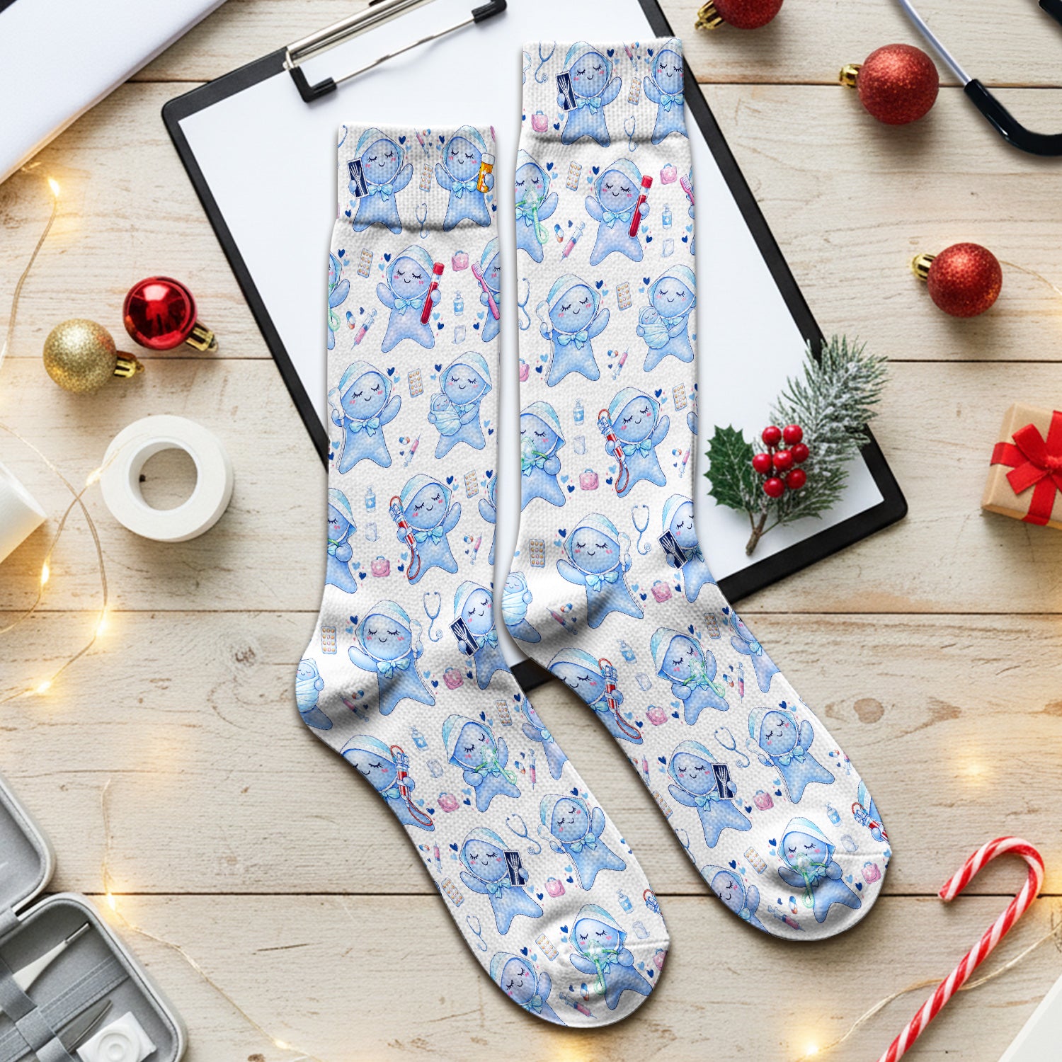 Cute Tooth Character Dental Tools Caring Pattern Socks, Breathable Fabrics Medical Uniform