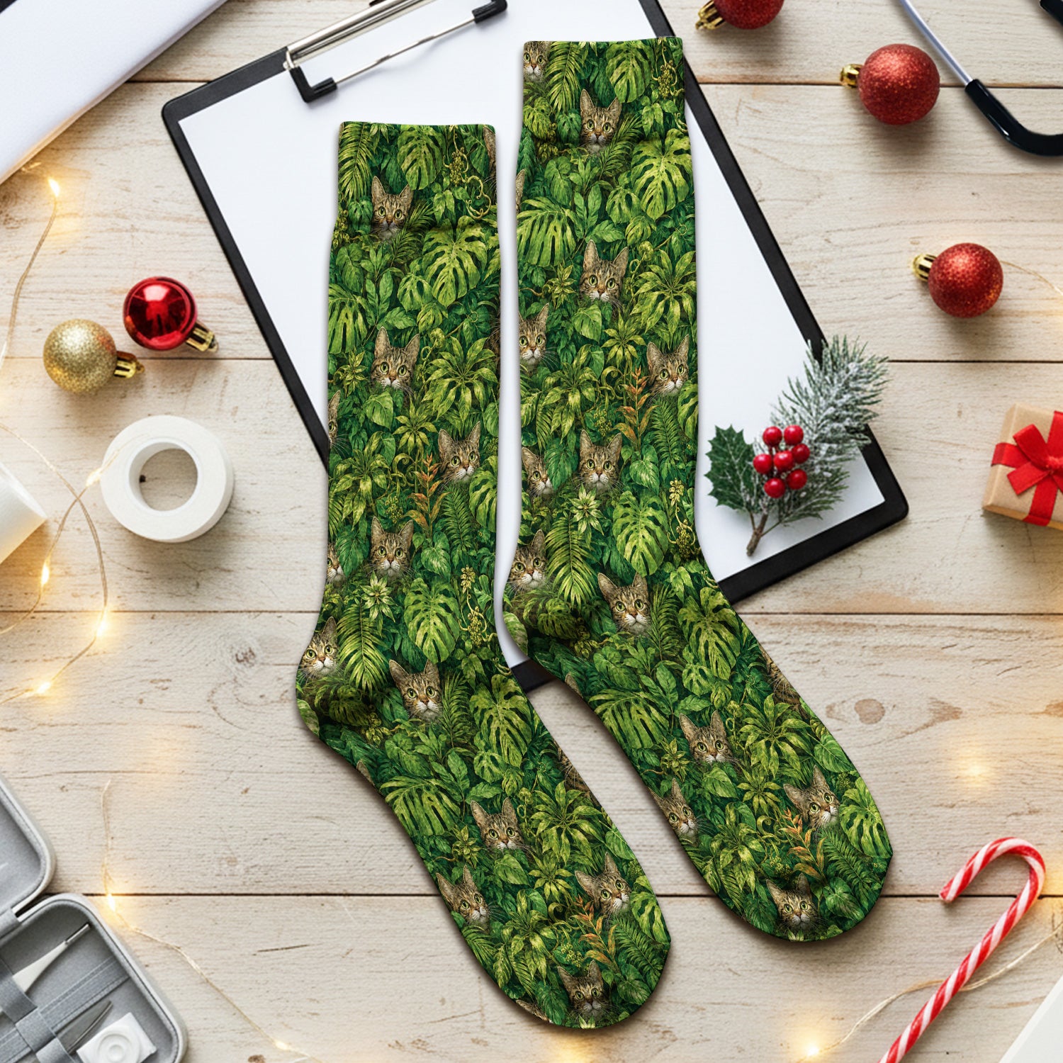 Hidden Jungle Cat Veterinary Nurse Pattern Socks, Adult Socks for Men and Women
