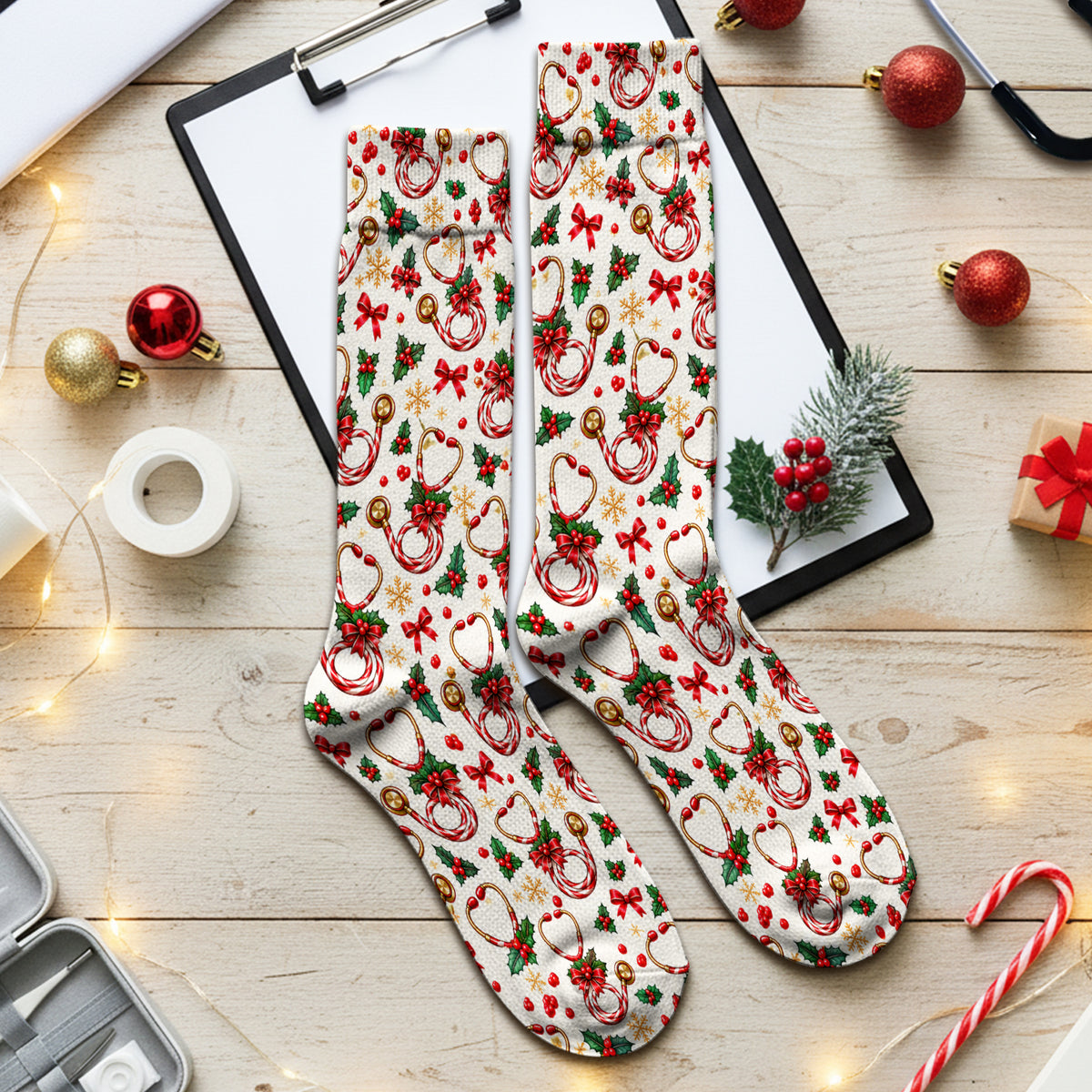 Christmas Candy Cane Stethoscope Pattern Socks, Adult Socks for Men and Women
