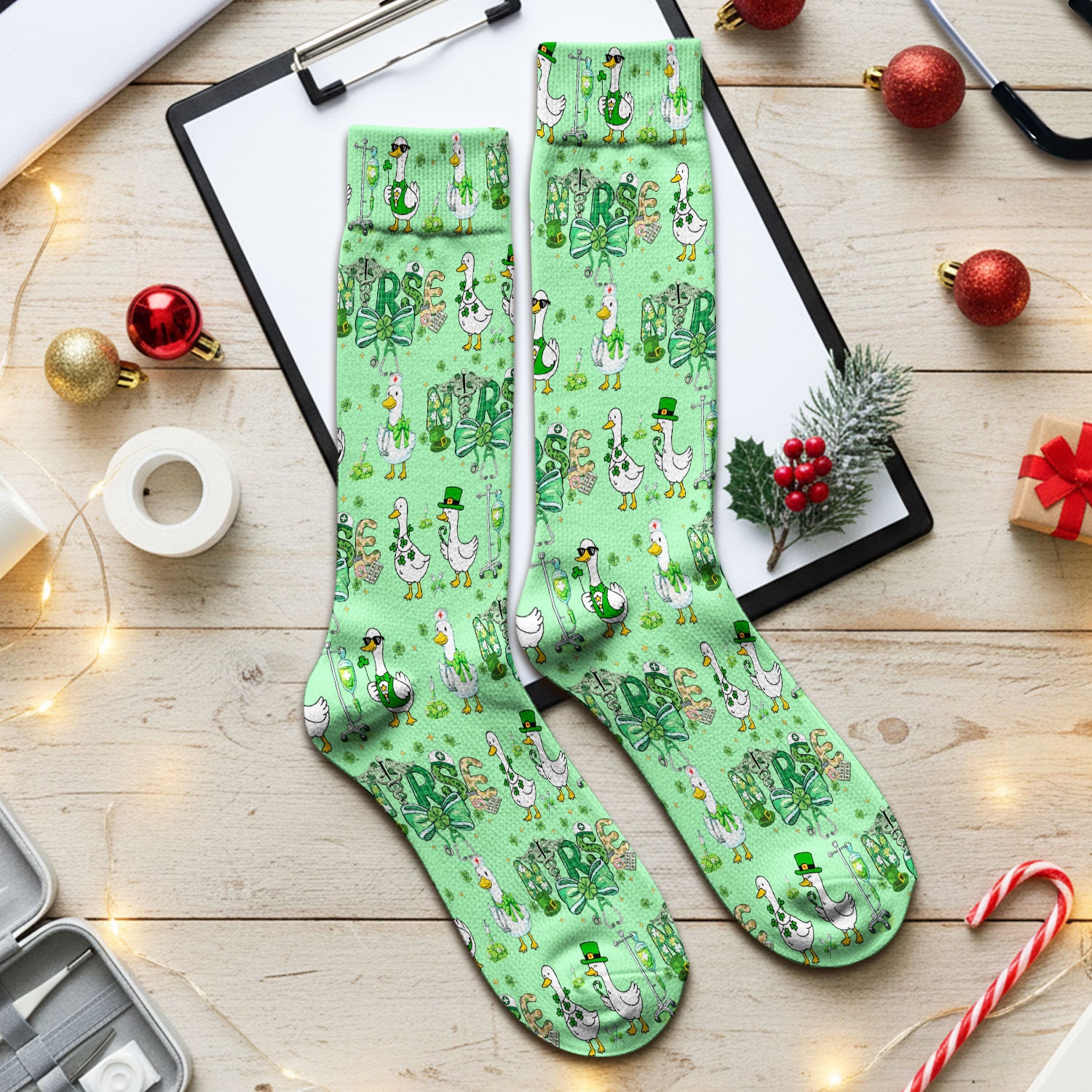 Funny Goose Nurse Shamrock Scrub Socks, St. Patrick’s Day Nurse Pattern Sock, Breathable Fabrics Nursing Uniform