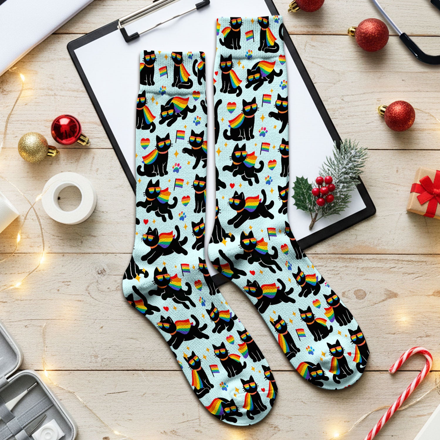 Rainbow Black Cat Pride Pattern Socks, Breathable Fabrics Medical Uniform