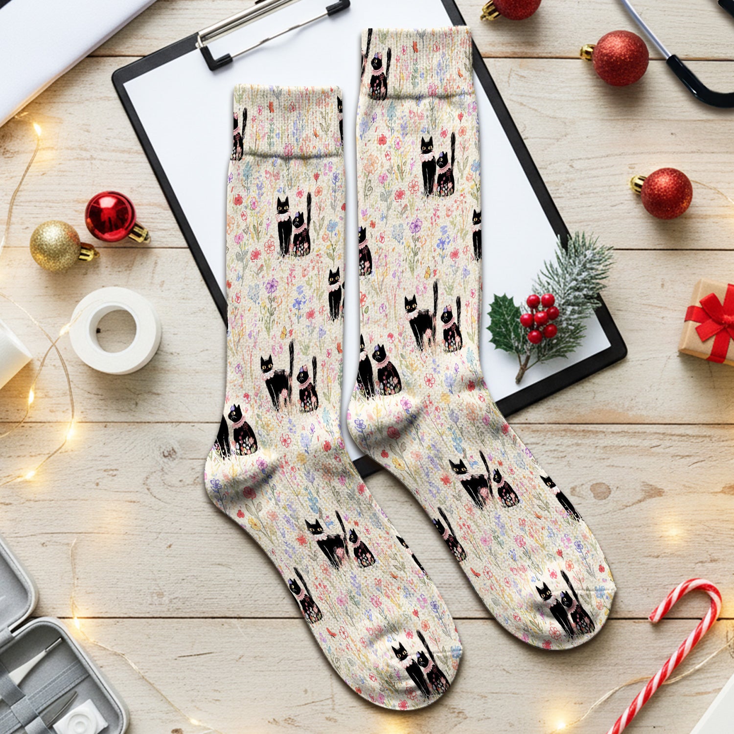 Cute Black Cats Wildflower Garden Pattern Socks, Adult Socks for Men and Women