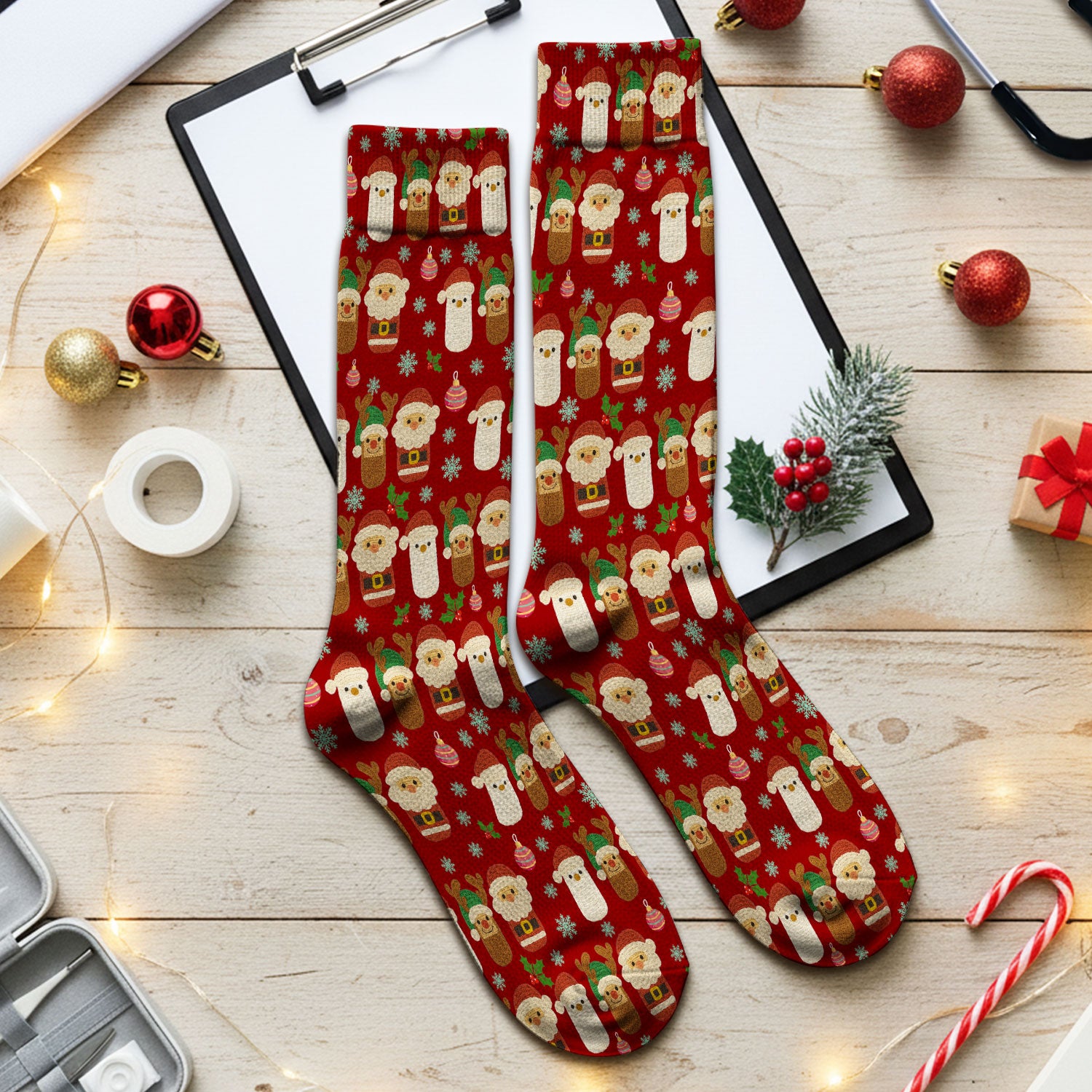 Christmas Santa Reindeer Snowman Socks for Nurse Doctor - Holiday Chill Pill Adult Socks for Men and Women