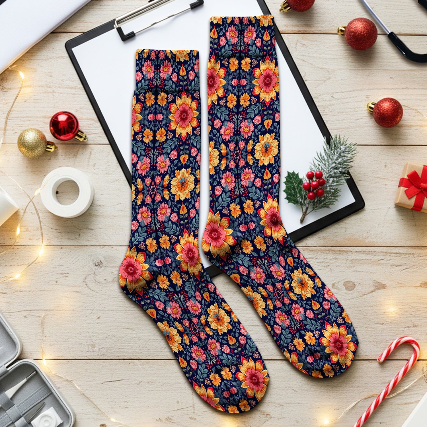 Elegant Dark Floral Pattern Socks, Adult Socks for Men and Women