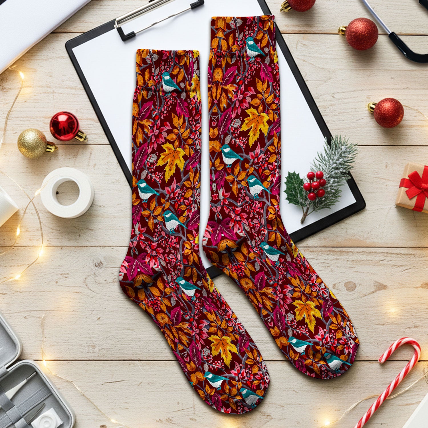 Autumn Leaves Blue Bird Pattern Print Socks, Breathable Fabrics Medical Uniform