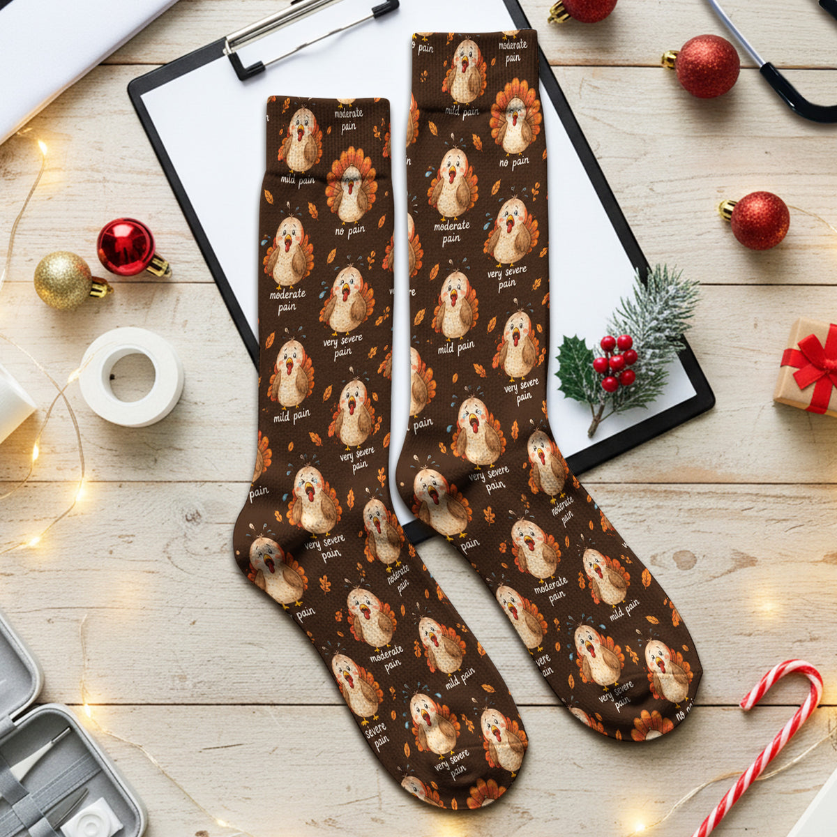 Funny Thanksgiving Turkey Pain Scale Pattern Socks, Adult Socks for Men and Women