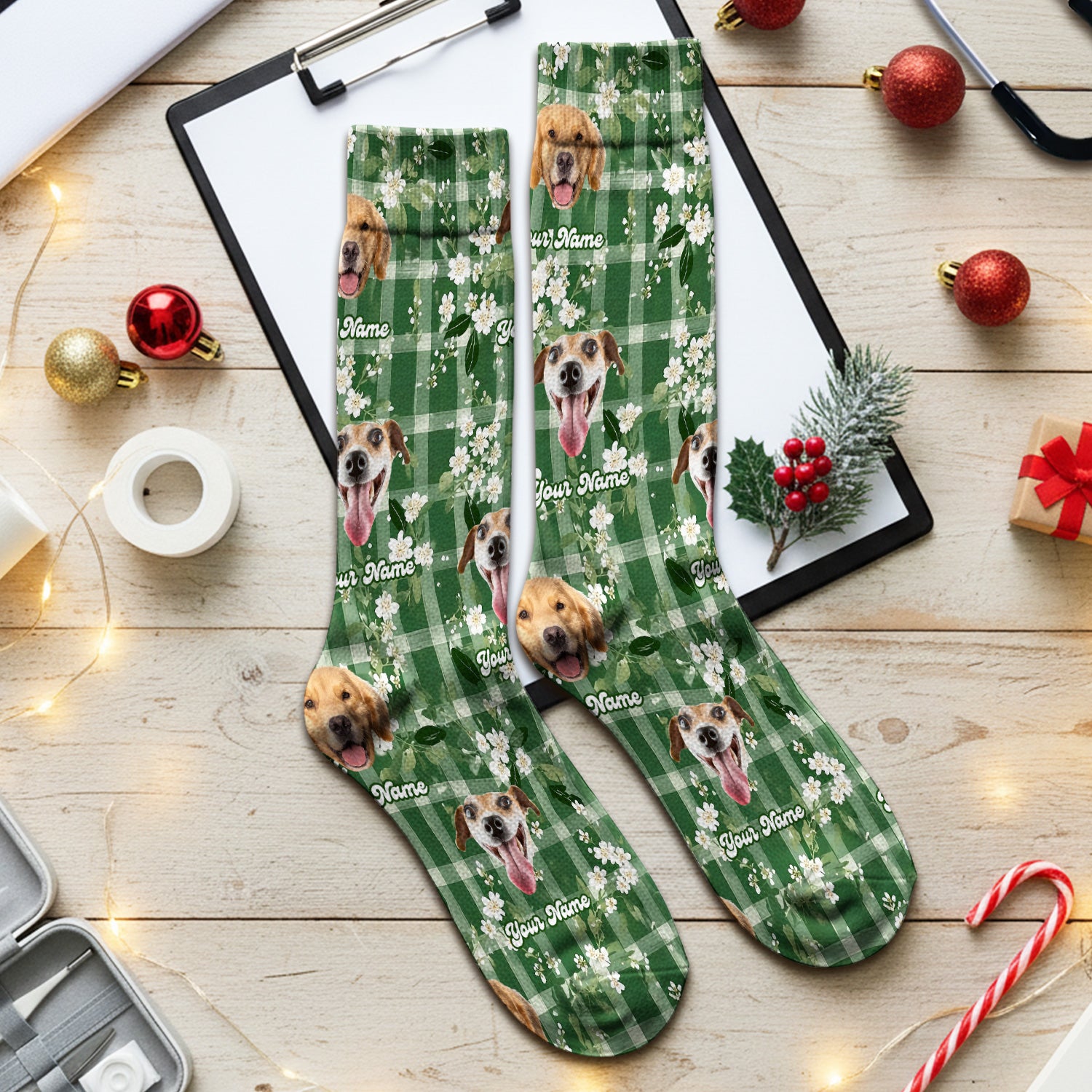 Custom Dog Face Socks, Dog Green Plaid Floral Pattern, Adult Socks for Men and Women
