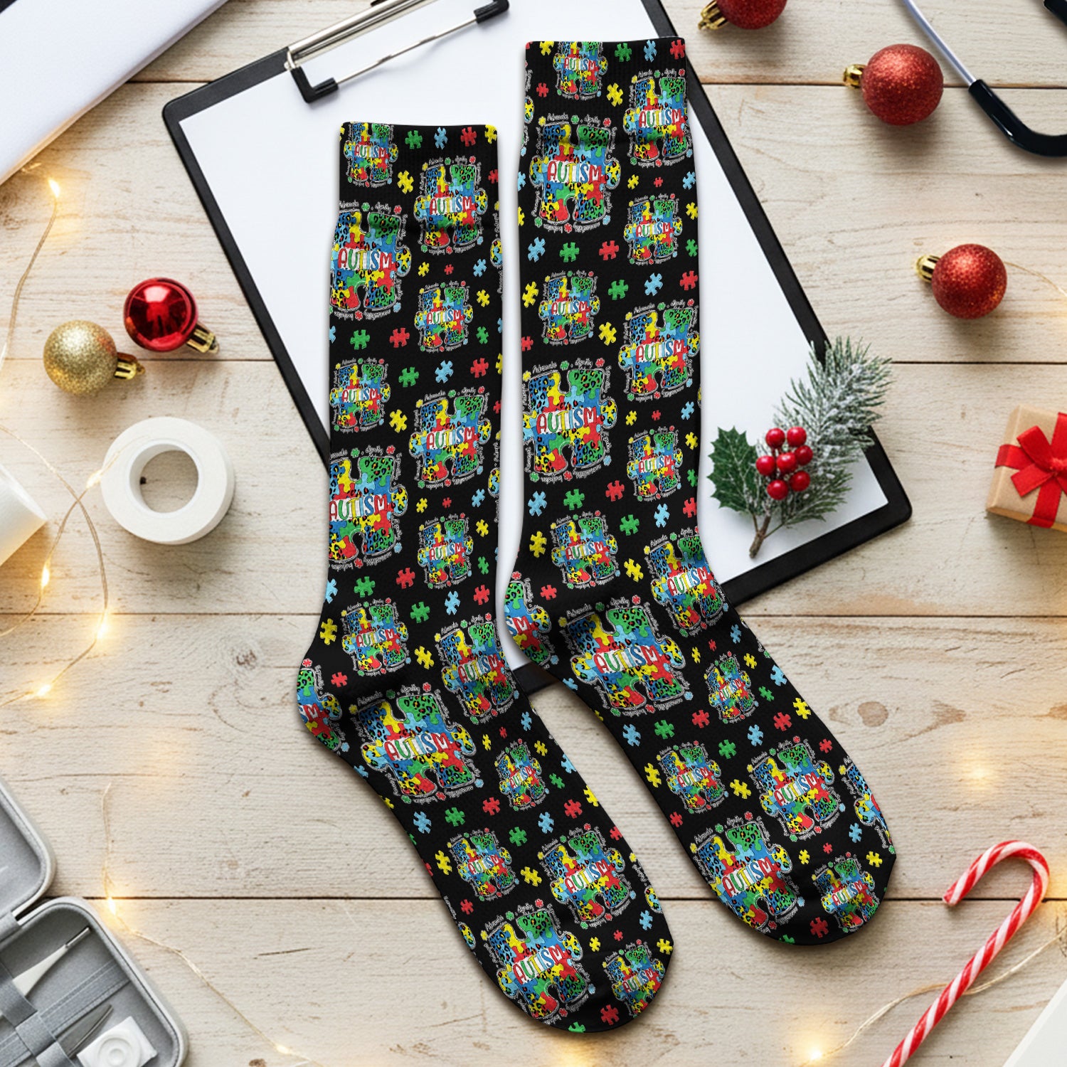 Autism Awareness Puzzle Pattern Print Socks, Adult Socks for Men and Women