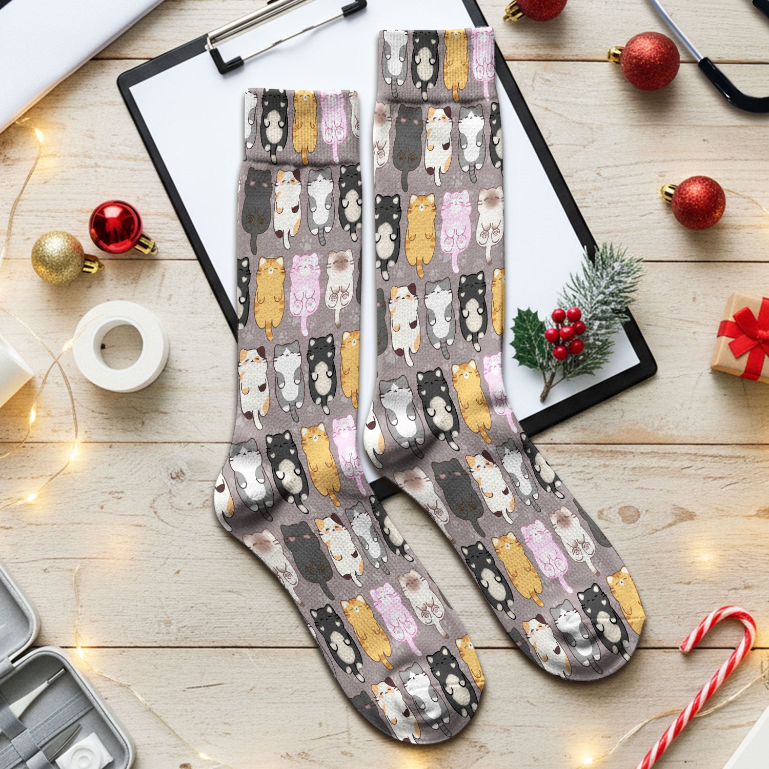Funny Cartoon Cats All Over Print Socks, Breathable Fabrics Medical Uniform