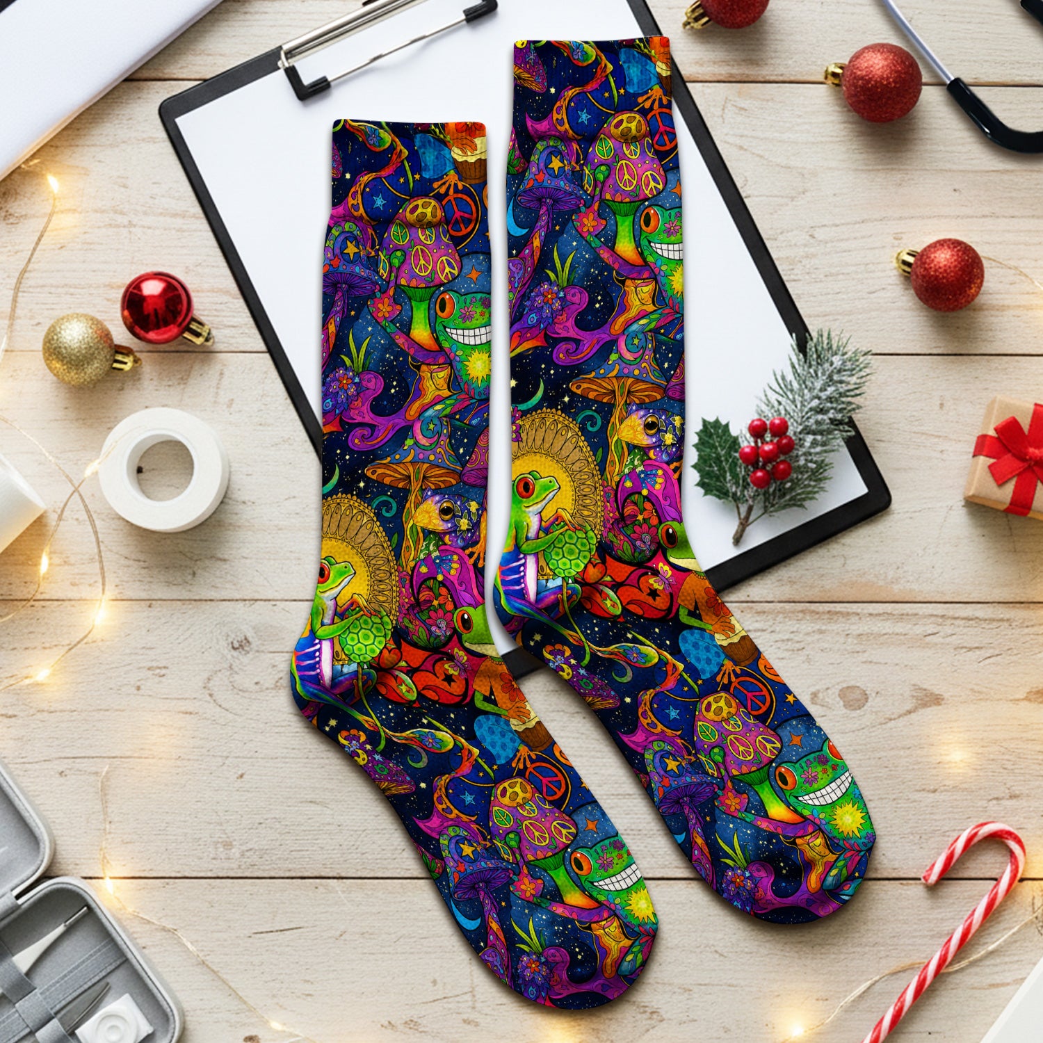Psychedelic Frog with Mushroom Peace Print Socks, Adult Socks for Men and Women