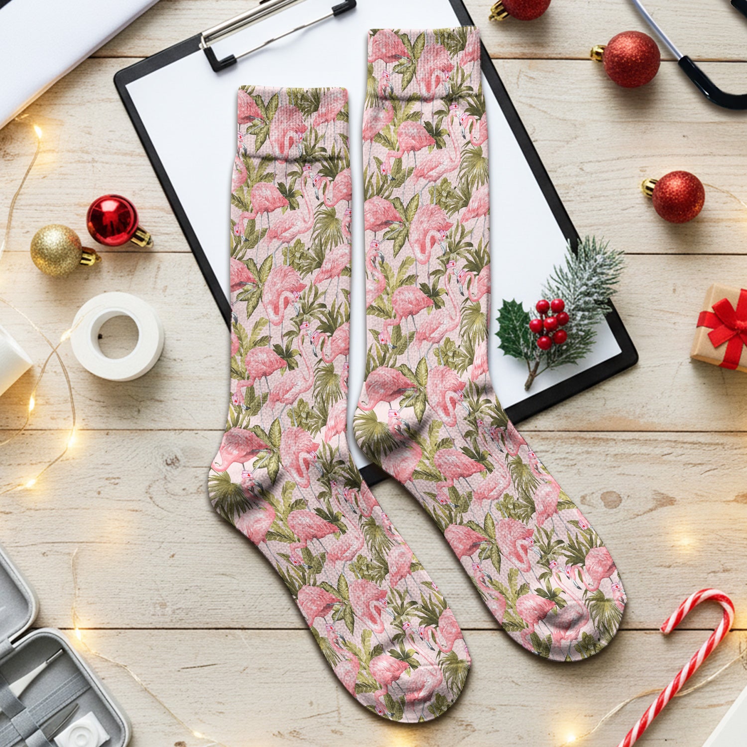 Pink Flamingo Jungle Leaves Pattern Socks, Adult Socks for Men and Women