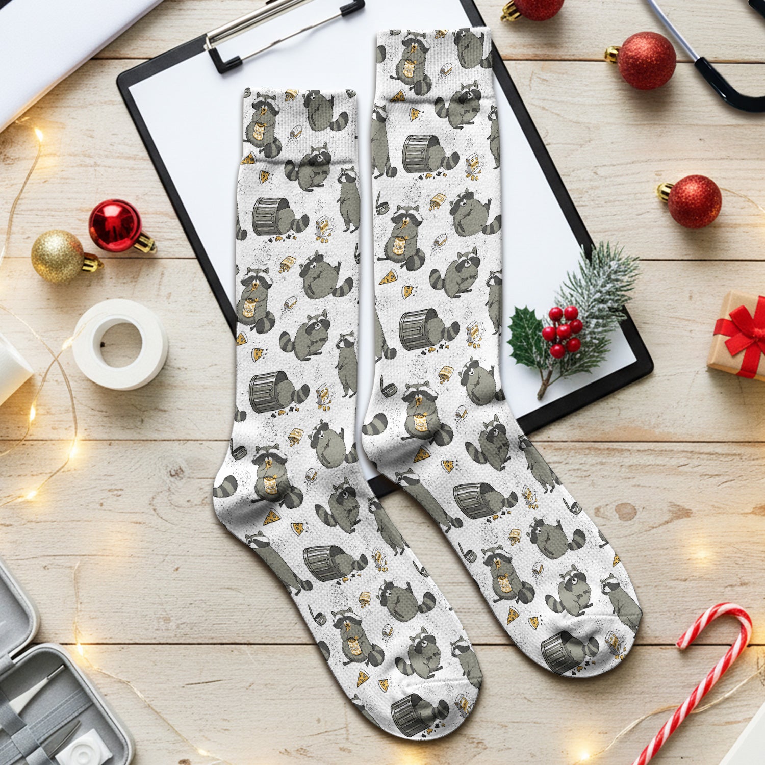Raccoon Snack And Trash Can Pattern Socks, Breathable Fabrics Medical Uniform