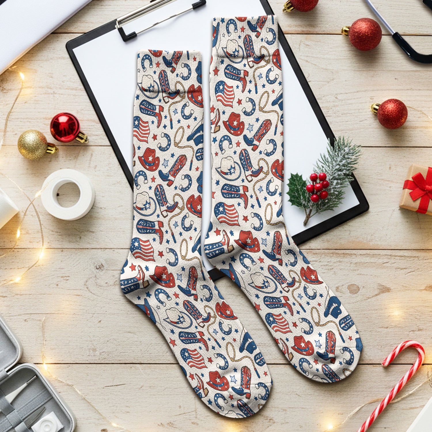 Patriotic Cowboy Boots Horseshoe Pattern Socks, Adult Socks for Men and Women