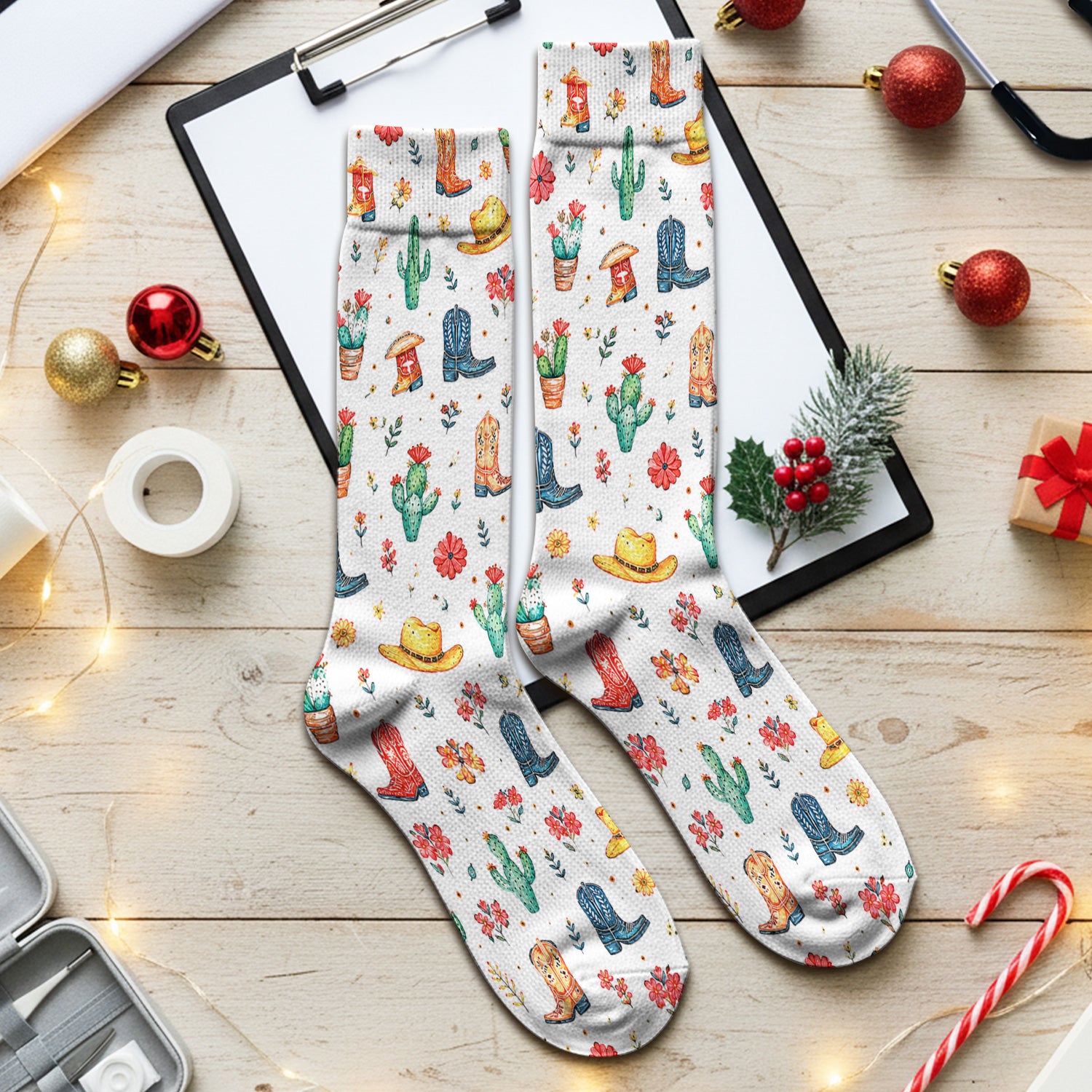 Whimsical Western Cactus Boots Pattern Socks, Breathable Fabrics Medical Uniform