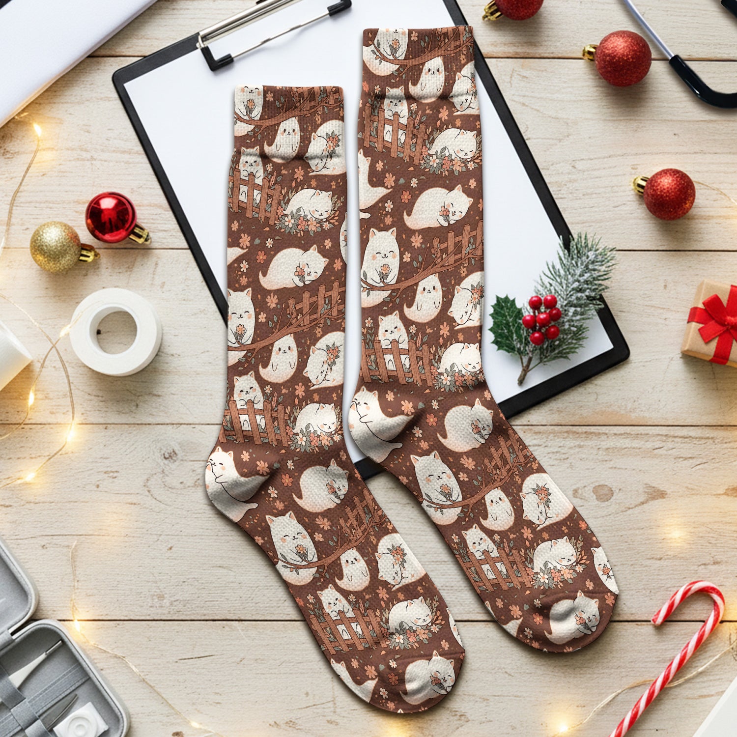 Floral Cat with Garden Fence Print Socks, Adult Socks for Men and Women