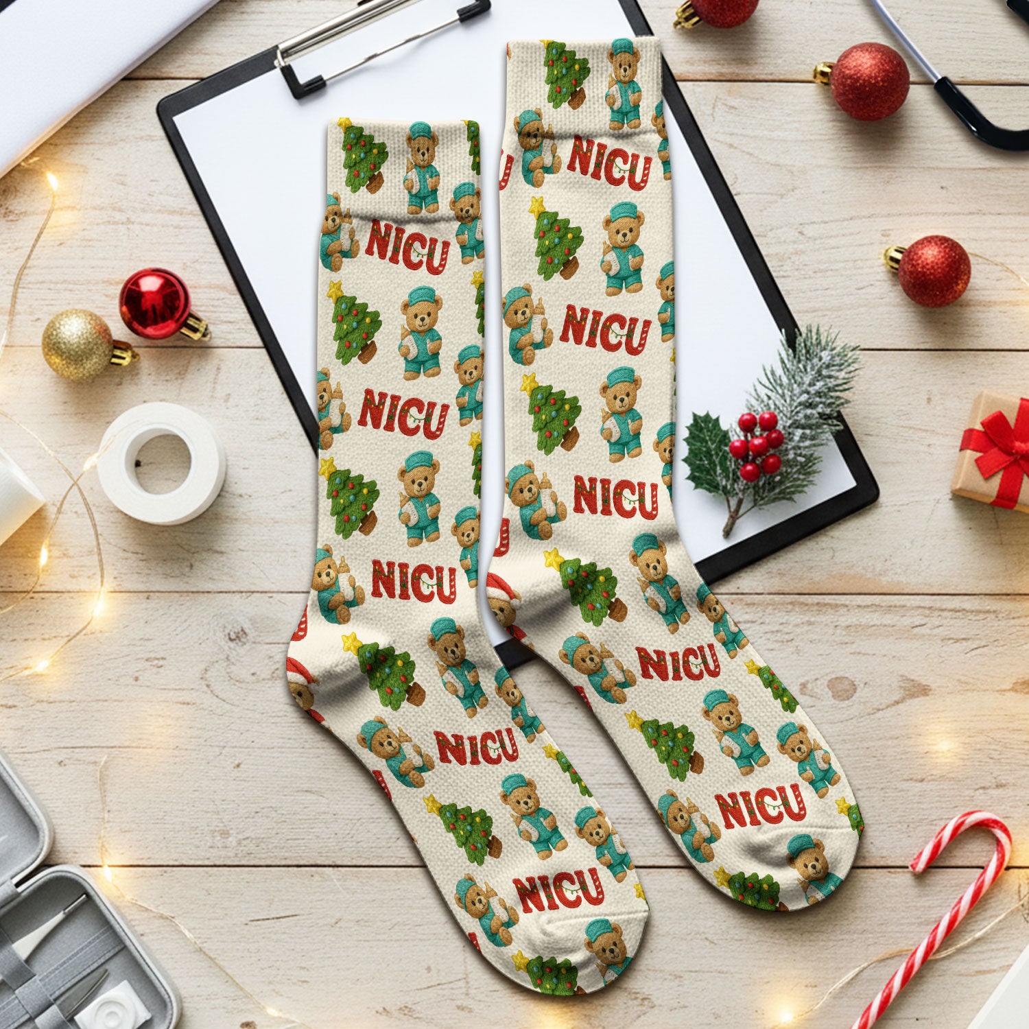 Festive Christmas NICU Nurse Teddy Bear Pattern Print Socks, Adult Socks for Men and Women