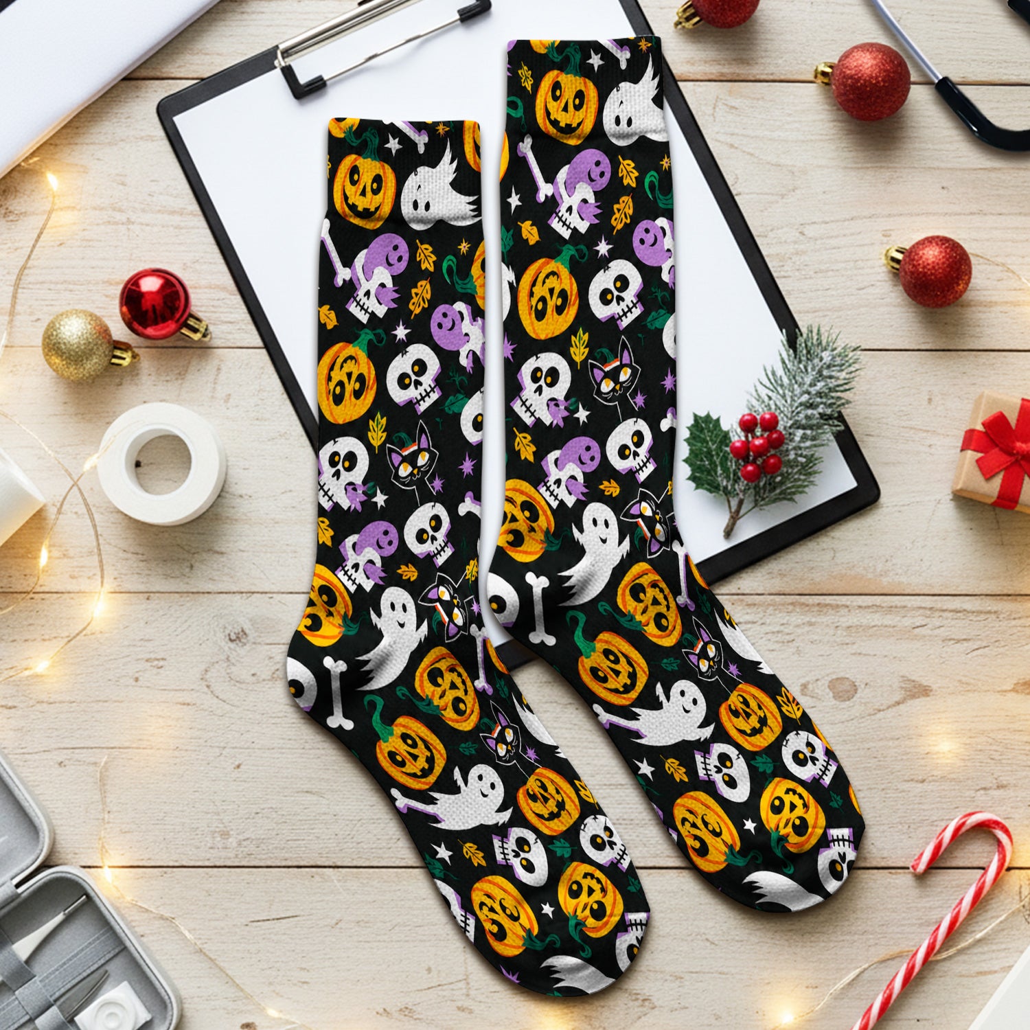 Spooky Pumpkin Ghost Print Socks, Adult Socks for Men and Women
