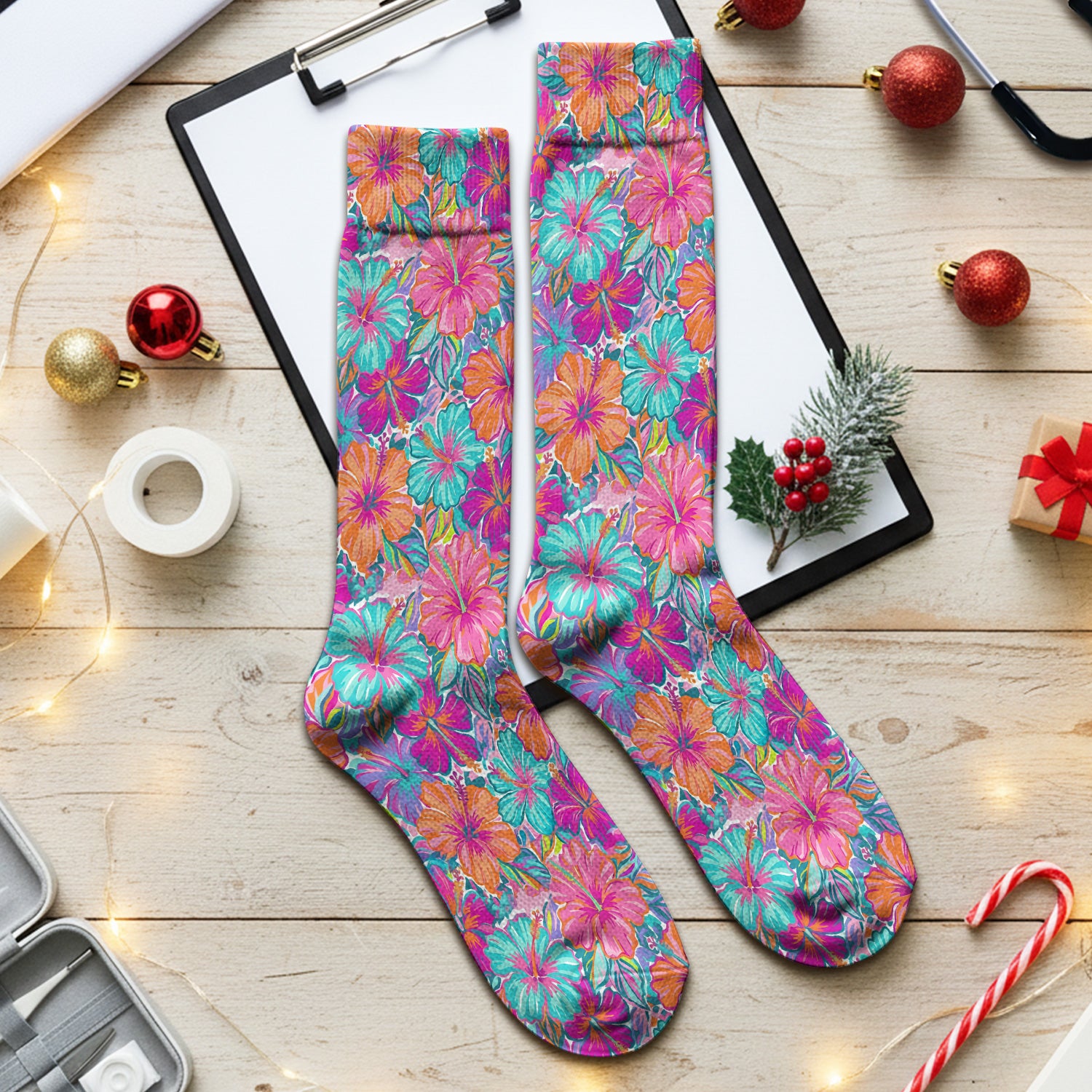 Vibrant Hibiscus Tropical Floral Pattern Socks, Adult Socks for Men and Women