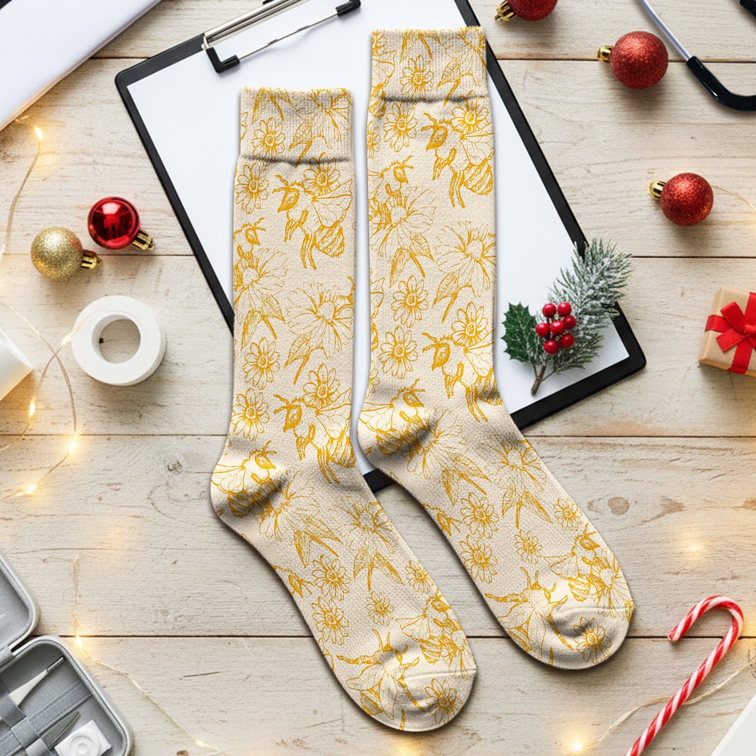Cute Honey Bee Flower Sketch Pattern Socks, Adult Socks for Men and Women