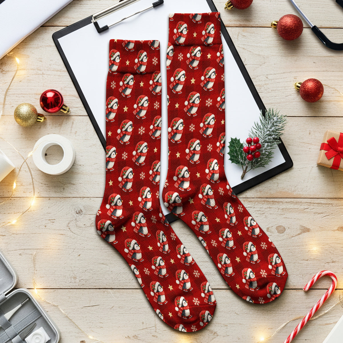 Cute Christmas Ice Skating Penguin Socks, Adult Socks for Men and Women