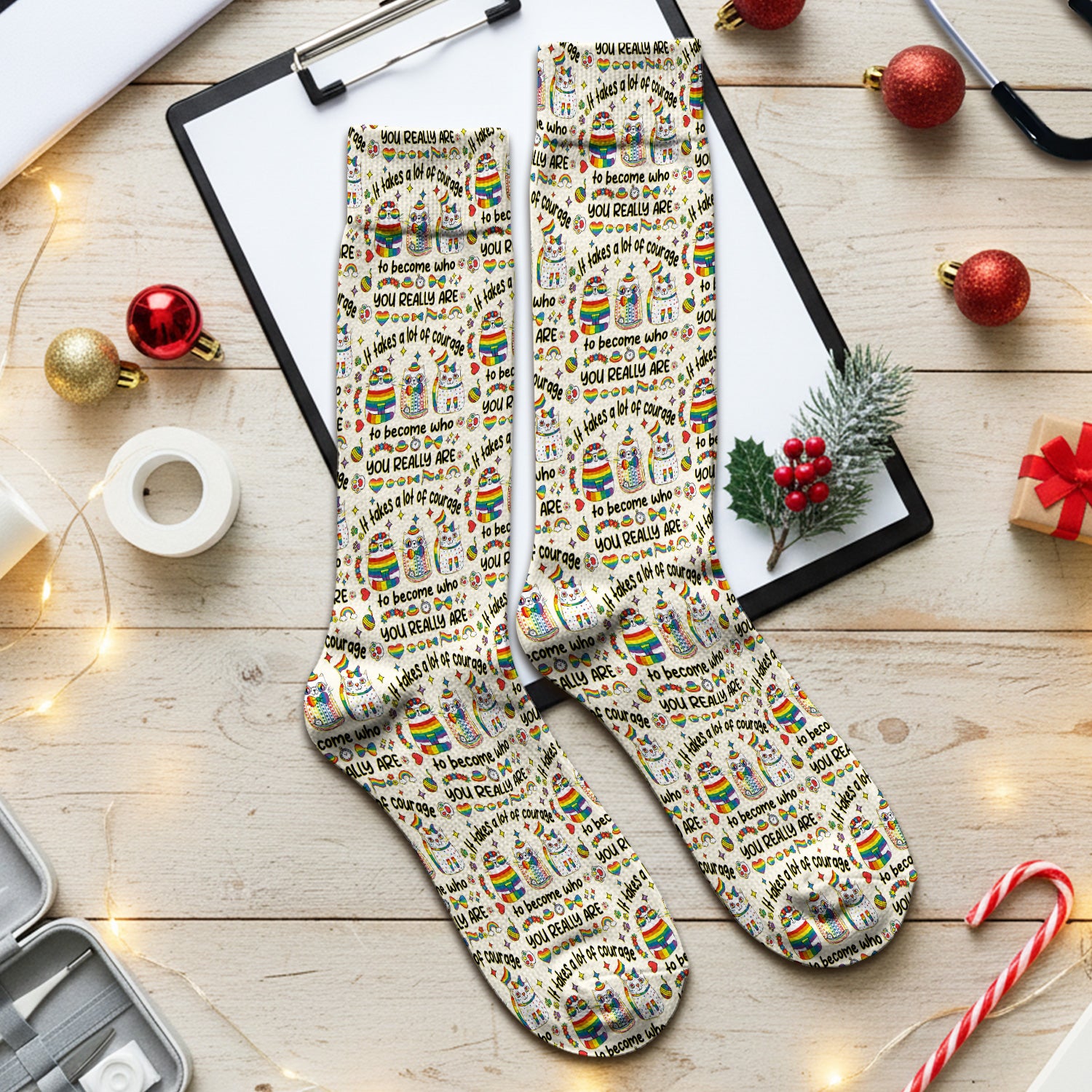 Inspirational Nurse Rainbow Cat Courage Quote Pattern Socks, Breathable Fabrics Medical Uniform