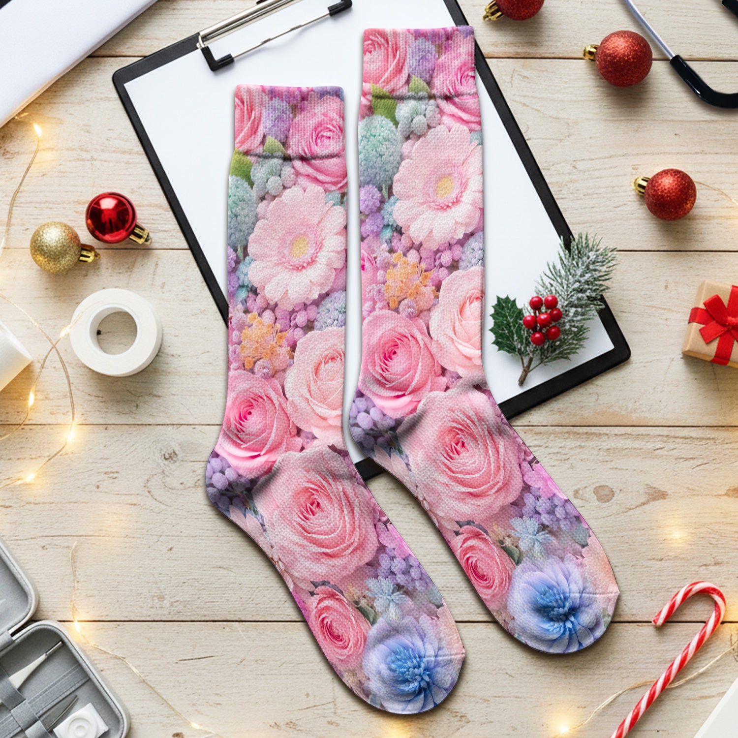Pastel Floral Socks, Pink Rose Cute Candy Color Medical Socks for Men and Women