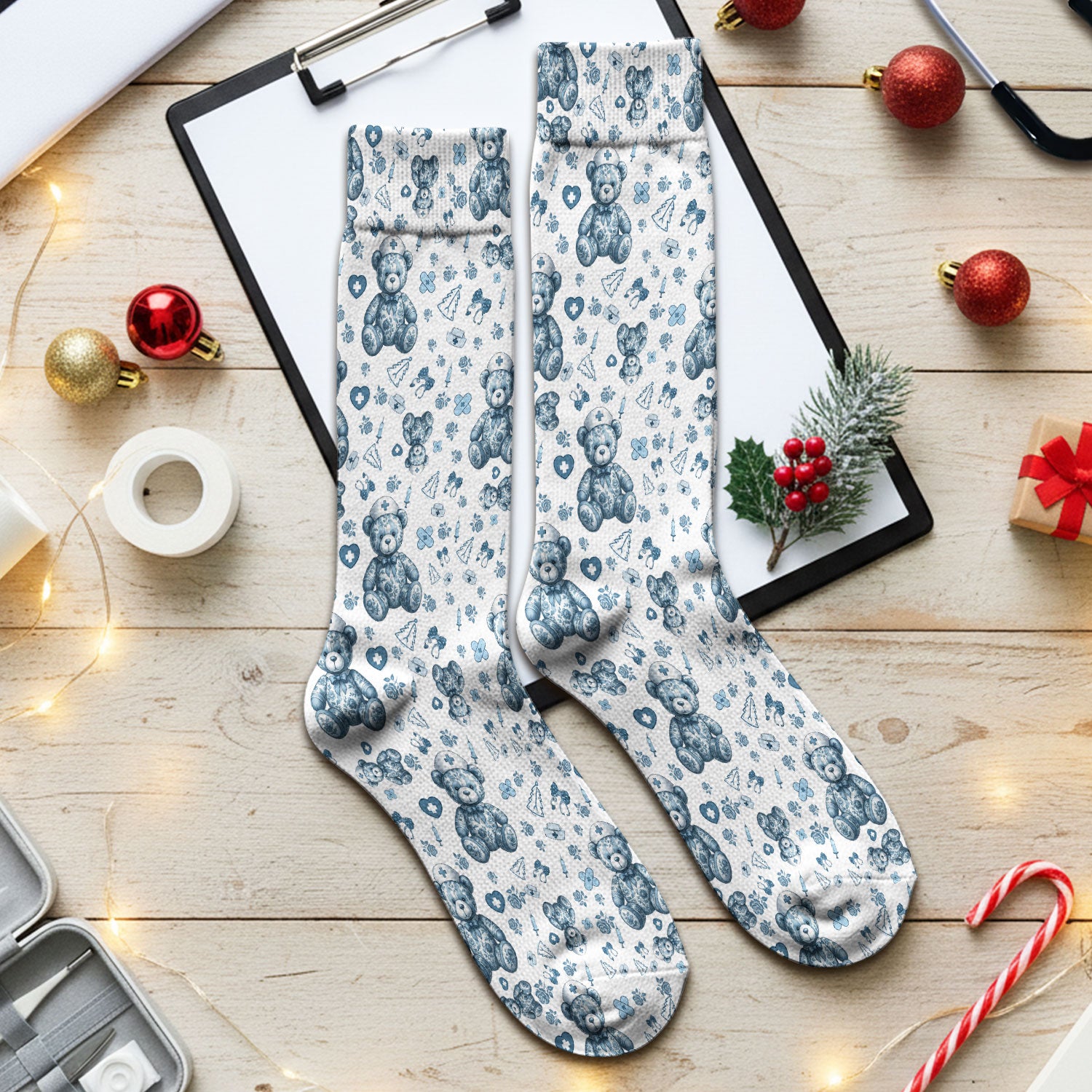 Toile Teddy Bear Socks for Nurse Doctor - Elegant Blue Toile de Jouy Adult Socks for Men and Women - Breathable Fabrics Medical Uniform