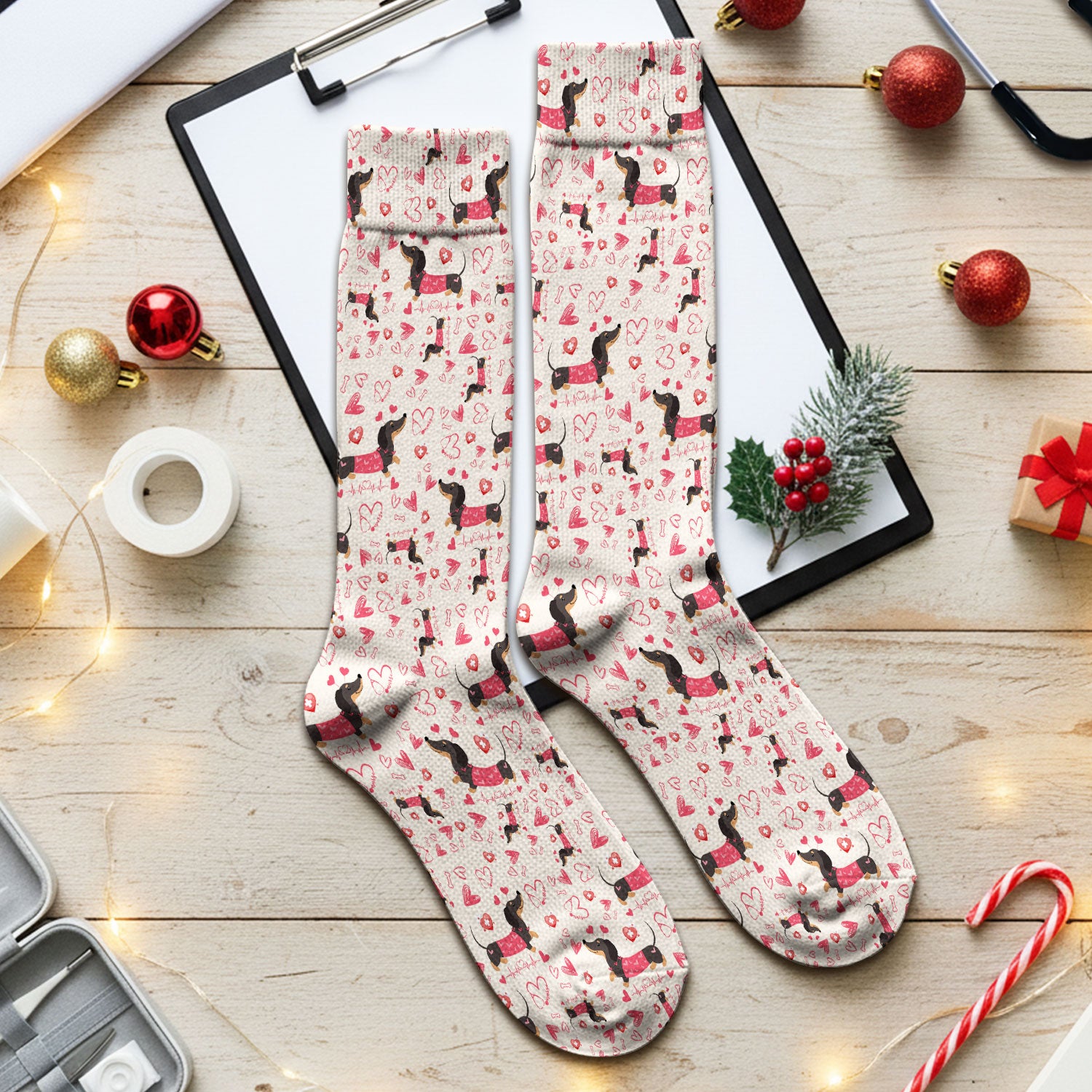 Dachshund Valentine Scrub Socks, Cute Wiener Dog Heart Pattern Nurse Sock, Breathable Fabrics Nursing Uniform