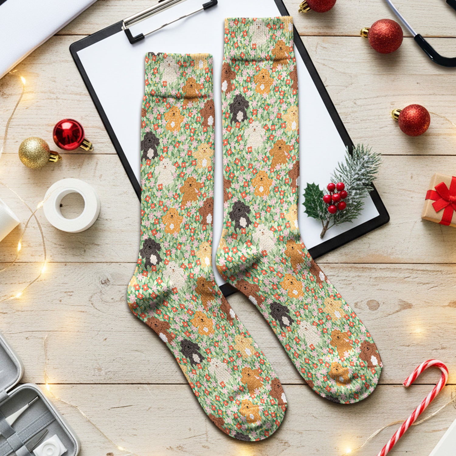 Cute Poodle Dogs Floral Pattern Socks, Adult Socks for Men and Women