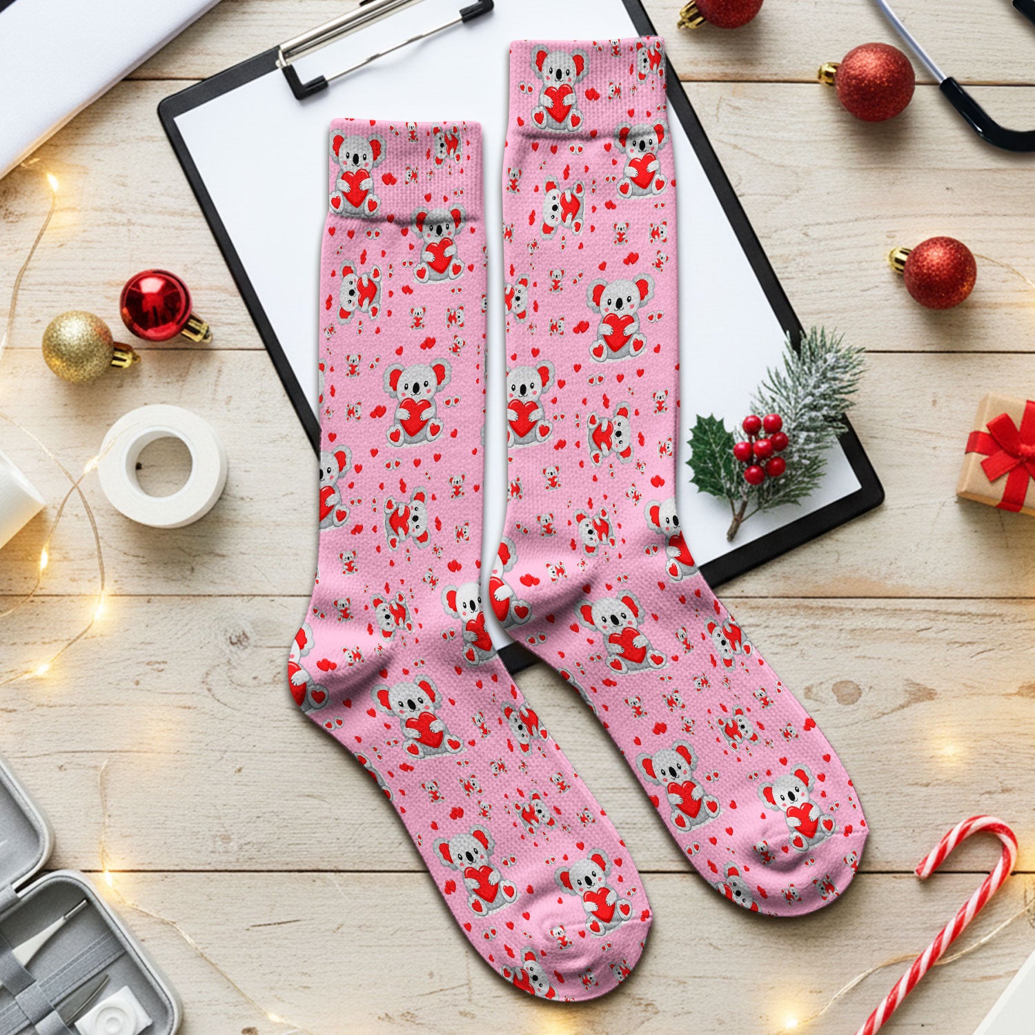 Valentine Cute Koala Heart Pattern Socks, Socks for Nurse Doctor