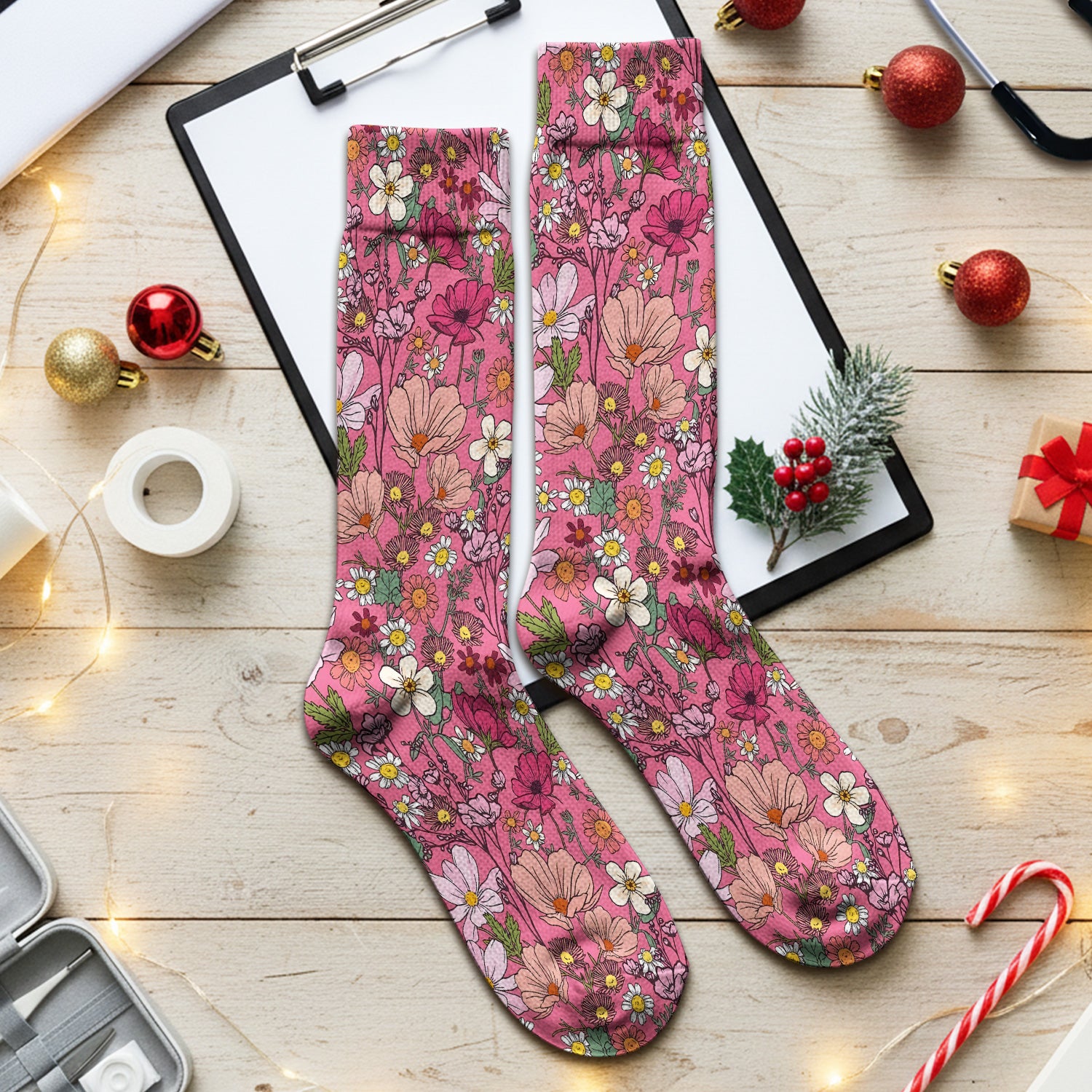 Pink Daisy Wildflower Nurse Pattern Socks, Adult Socks for Men and Women
